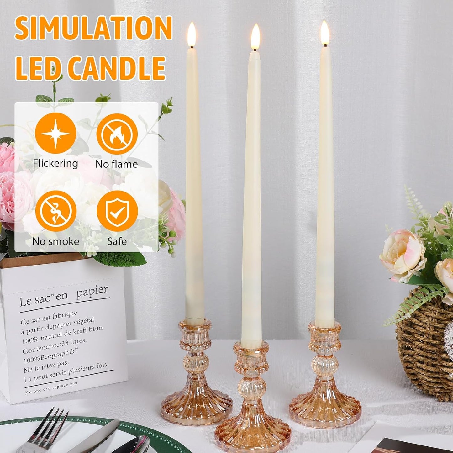 Baquler 50 Pcs Flameless Taper Candles Battery Operated Bulk 12.4 Ivory LED Taper Candles Flickering LED Candlesticks for Wedding Advent Halloween Christmas Party Decor