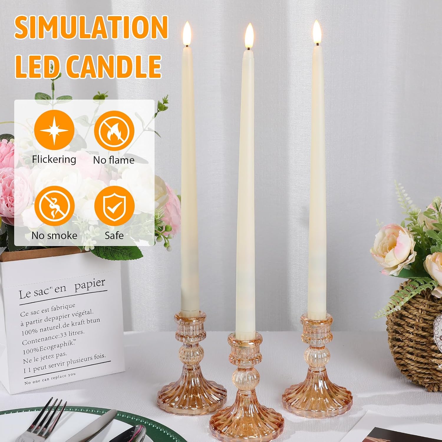 Baquler 50 Pcs Flameless Taper Candles Battery Operated Bulk 12.4 Ivory LED Taper Candles Flickering LED Candlesticks for Wedding Advent Halloween Christmas Party Decor
