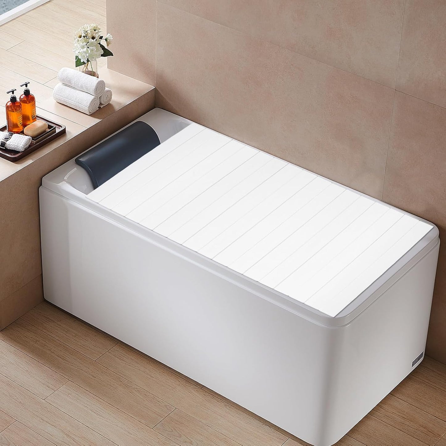 Foldable Bathtub Tray for Bathroom Storage and Relaxation, White Wood Grain Cover Board, Adjustable Bath Caddy Shelf for Home Spa, Adults, and Families