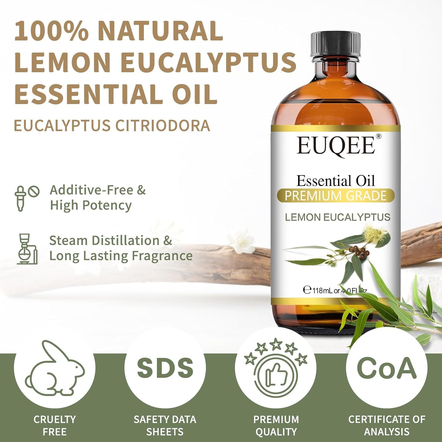EUQEE Lemon Eucalyptus Essential Oil Pure Lemon Eucalyptus Oil, Large Capacity Essential Oil with Glass Dropper for Diffuser, Candle Making - 118ml / 4 Fl.Oz