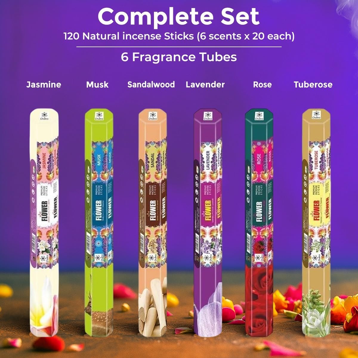 6-Scent Incense Sticks Variety Pack – 120 Count | Jasmine, Lavender, Musk, Rose, Sandalwood & Tuberose | Long-Lasting Aroma for Meditation & Home Use | chakra