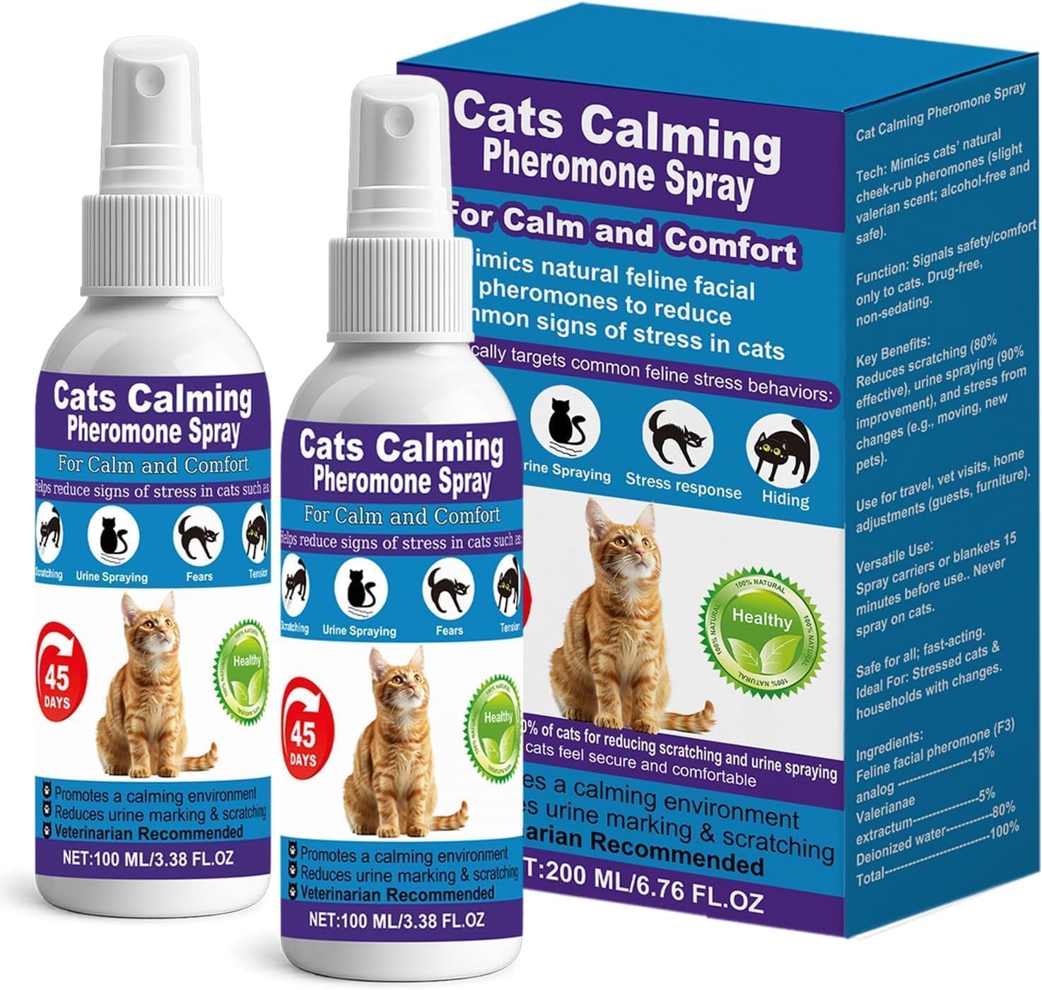 Cat Calming Pheromone Spray for Stress & Anxiety Relief – Reduces Scratching, Urine Spraying, Hiding – Drug-Free & Vet Recommended – Feline Calm Spray with F3 Facial Pheromone 2 * 100mL 8.9oz