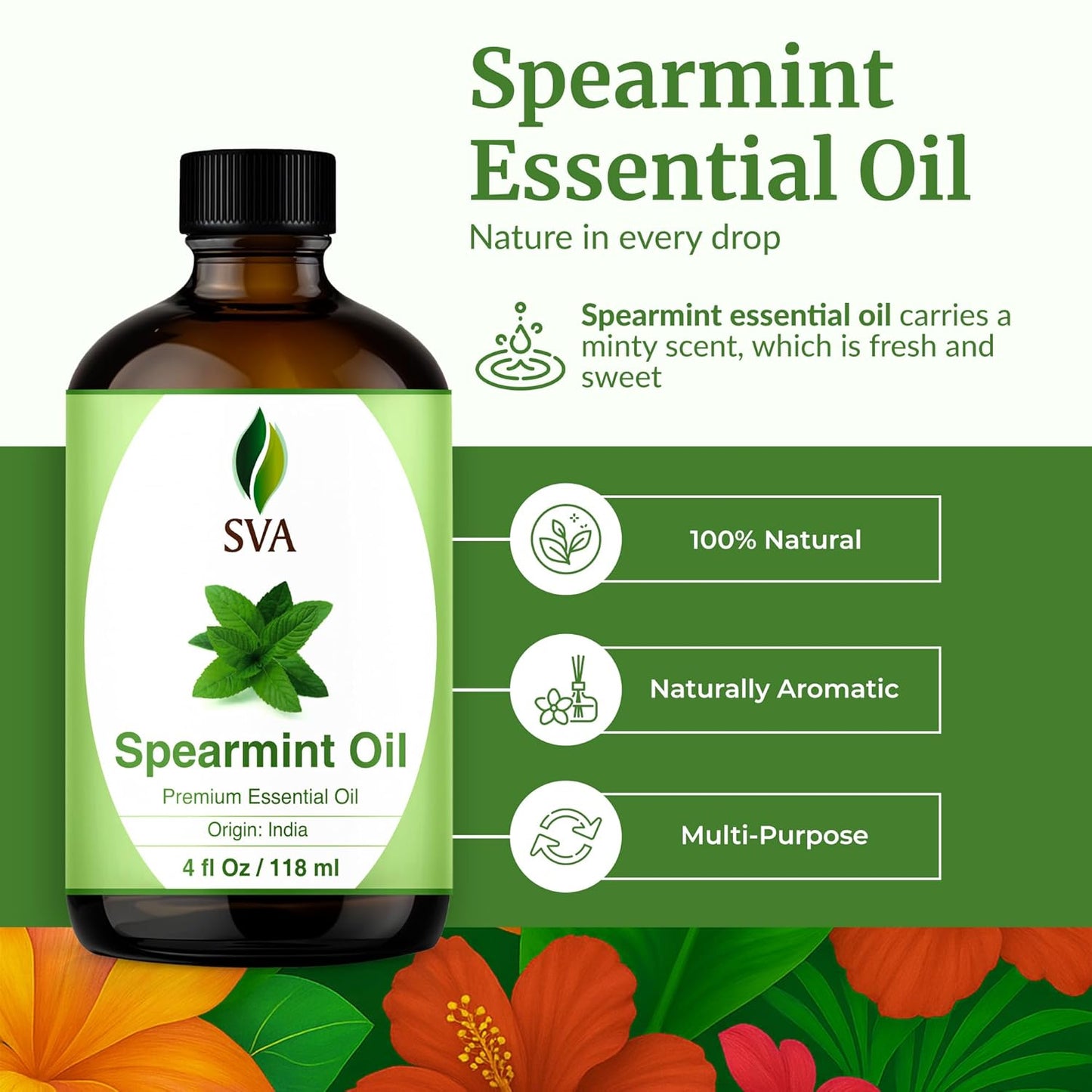 SVA Spearmint Essential Oil 4 Oz with Dropper 100% Pure Natural Undiluted Premium Therapeutic Grade Oil for Diffuser, Aromatherapy, Face, Body & Hair Care