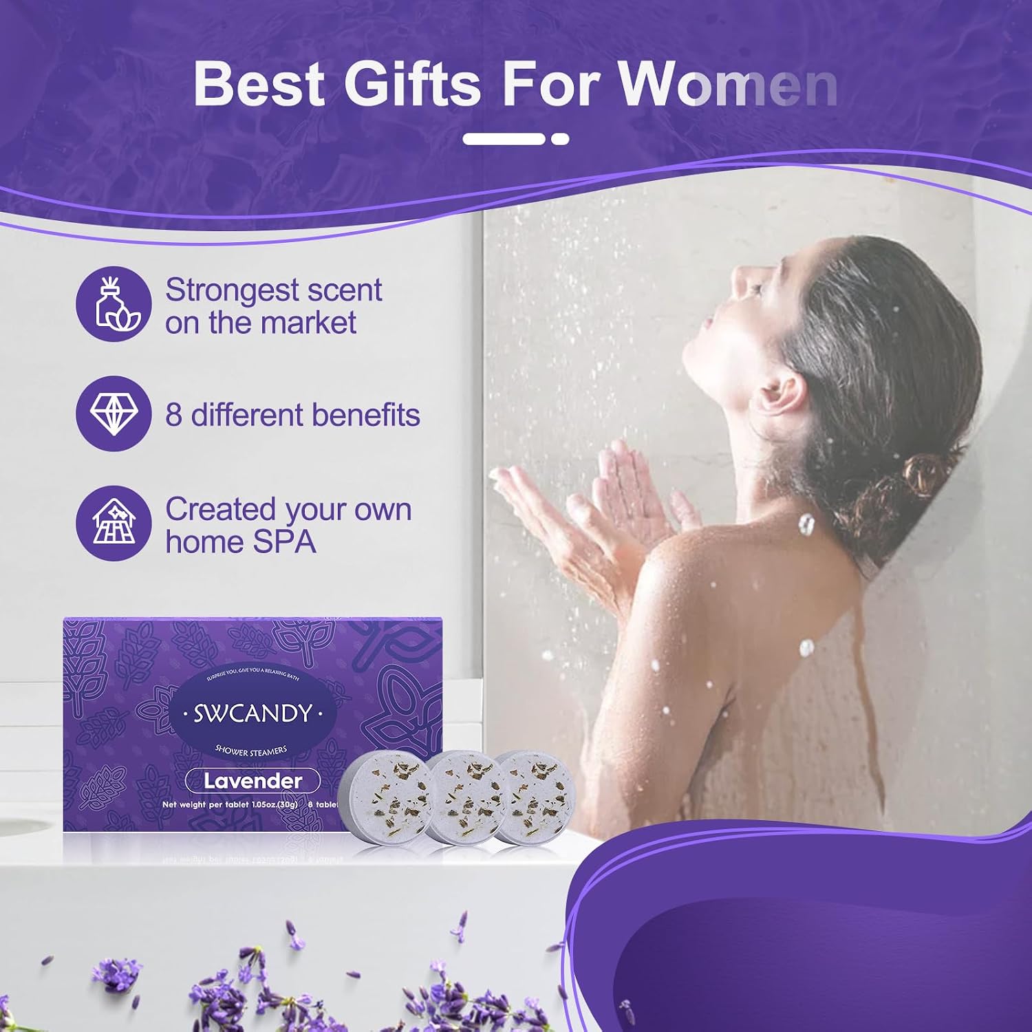 SWCANDY Shower Steamers Aromatherapy Travel Essentials Birthday Gifts for Women, Lavender 8 Pcs, Bath Bombs Shower Bombs with Natural Essential Oils, Relaxation Home SPA