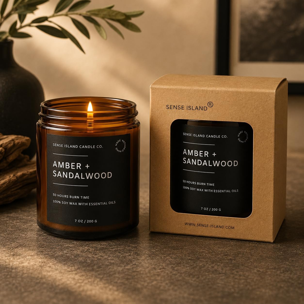 Amber Sandalwood Scented Candles for Men&Women | Natural Soy Candle 7oz, up to 50 Hrs Burn Time Sweet Amber & Authentic Sandalwood Aroma