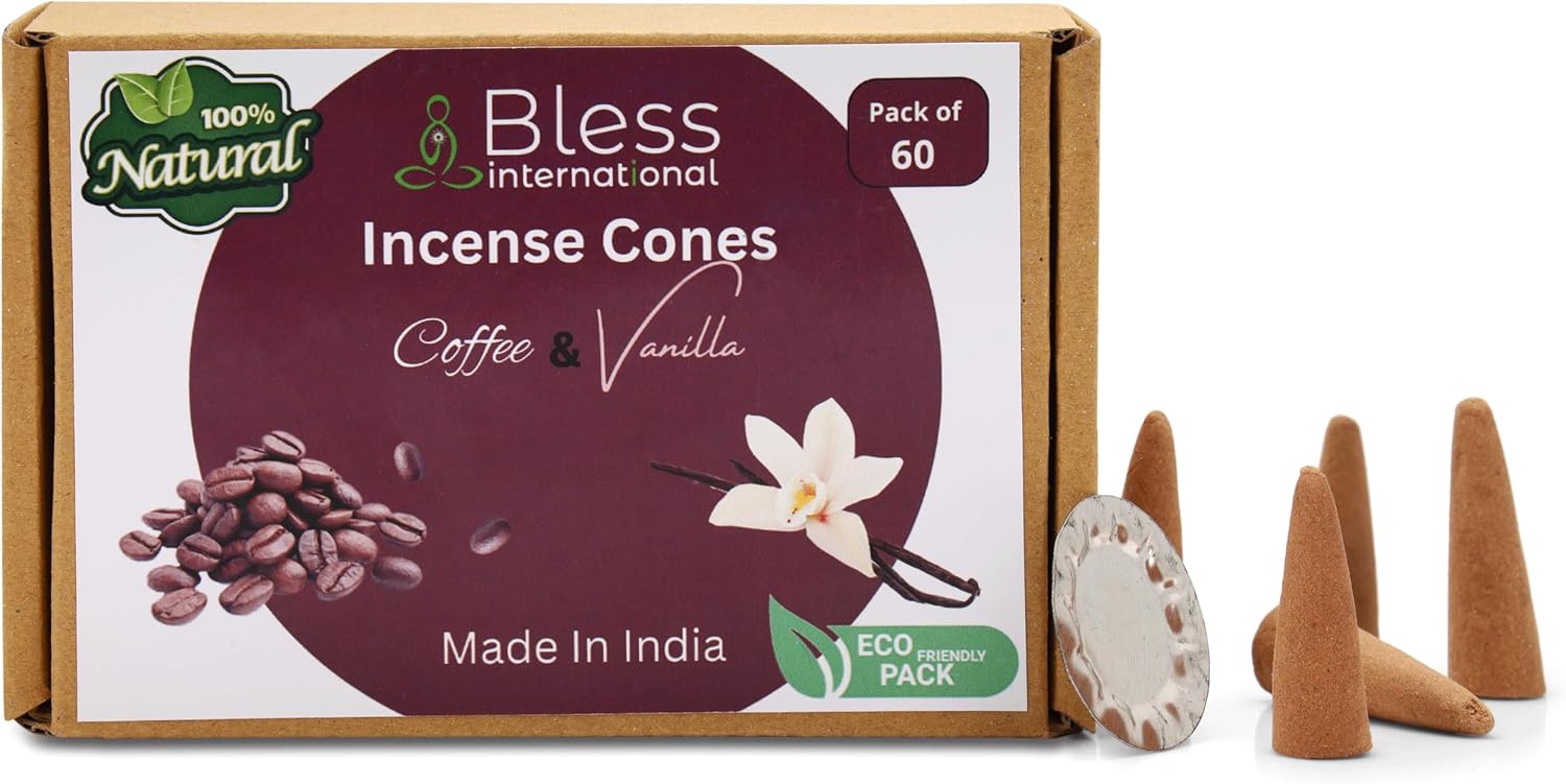 Bless International Coffee and Vanilla 100%-Natural-Incense-Cones Handmade-Hand-Dipped Organic-Chemicals-Free for-Purification-Relaxation-Positivity-Yoga-Meditation The-Best-scents (60 Count)