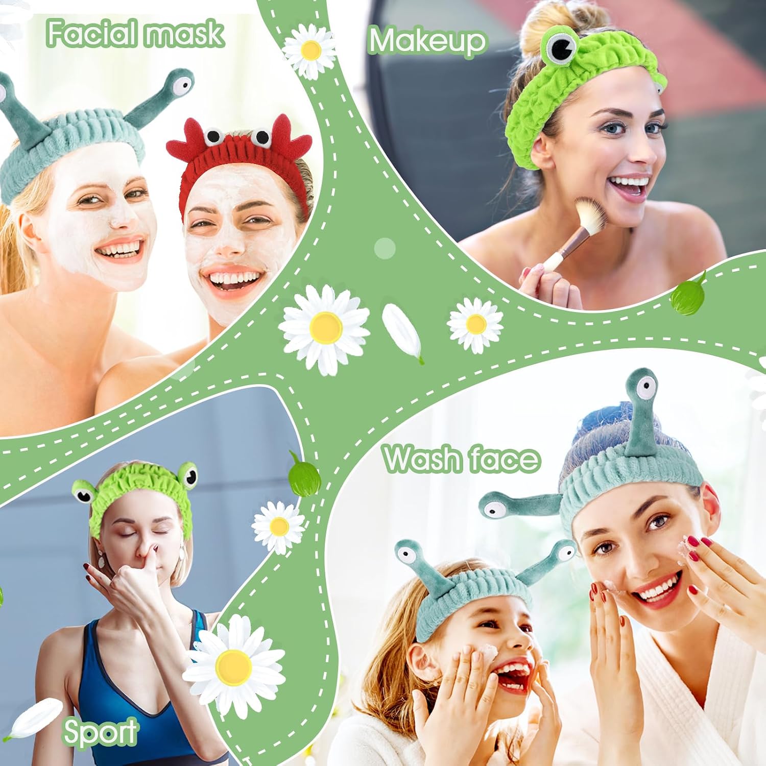 WLLHYF 3 Pack Spa Headband Face Wash Hairband Facial Makeup Head Wraps Cartoon Elastic Head Band Cute Frog Snail Crab Shower Headband Creative Hair Accessories for Beauty Skincare Sports