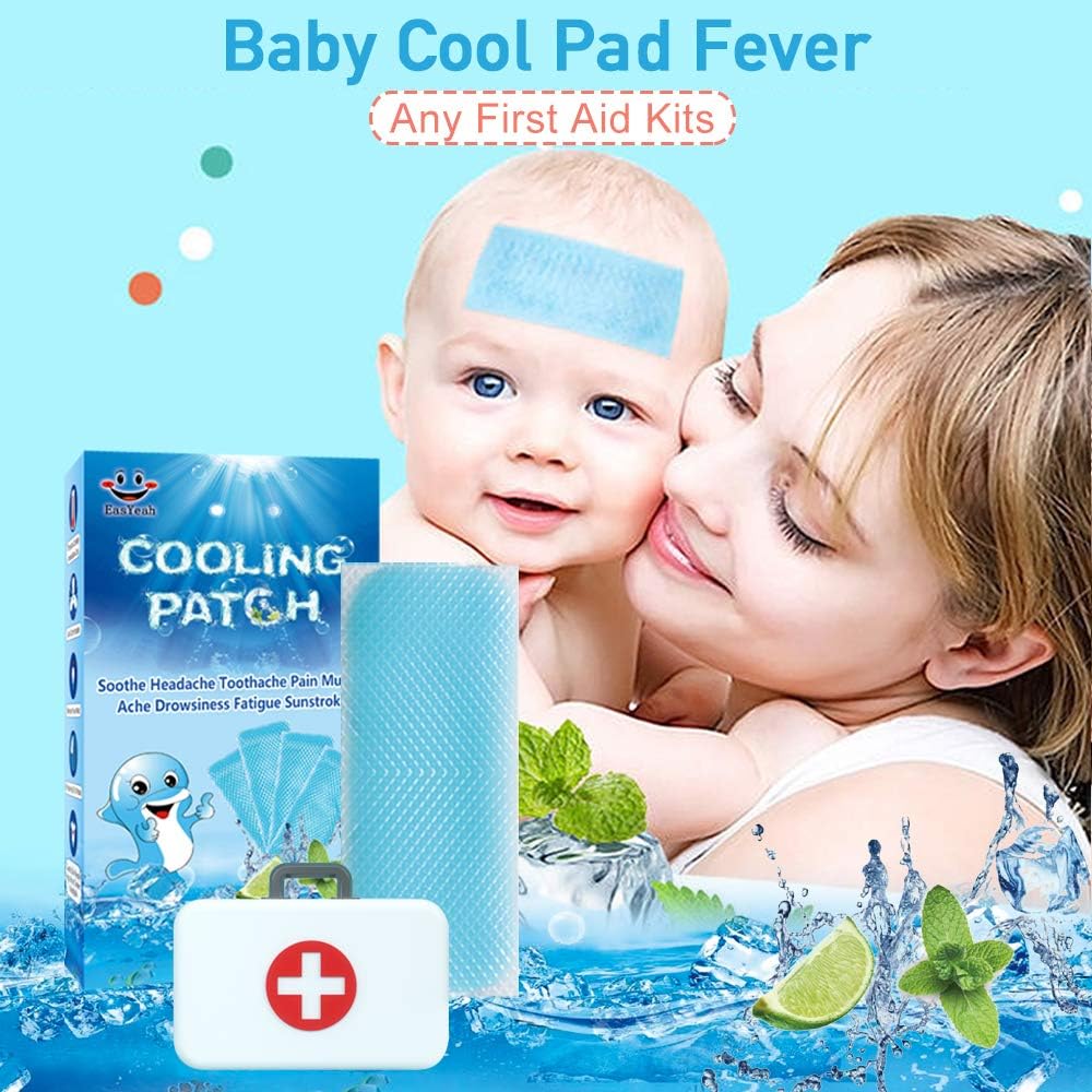 EASYEAH 12 Sheets Cooling Patches for Fever Discomfort & Pain Relief, Cooling Relief Fever Reducer, Soothe Headache Pain, Pack of 12