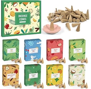 SCENTORINI Incense Cones 120 Pcs, Scented Incense Cones with Holder, Apple & Cinmamon, Cedarwood, Coconut & Vanilla, Forest, Vanilla & Mint, Cinnamon, Citrus & Mint, Winter Sun, Apple Pie