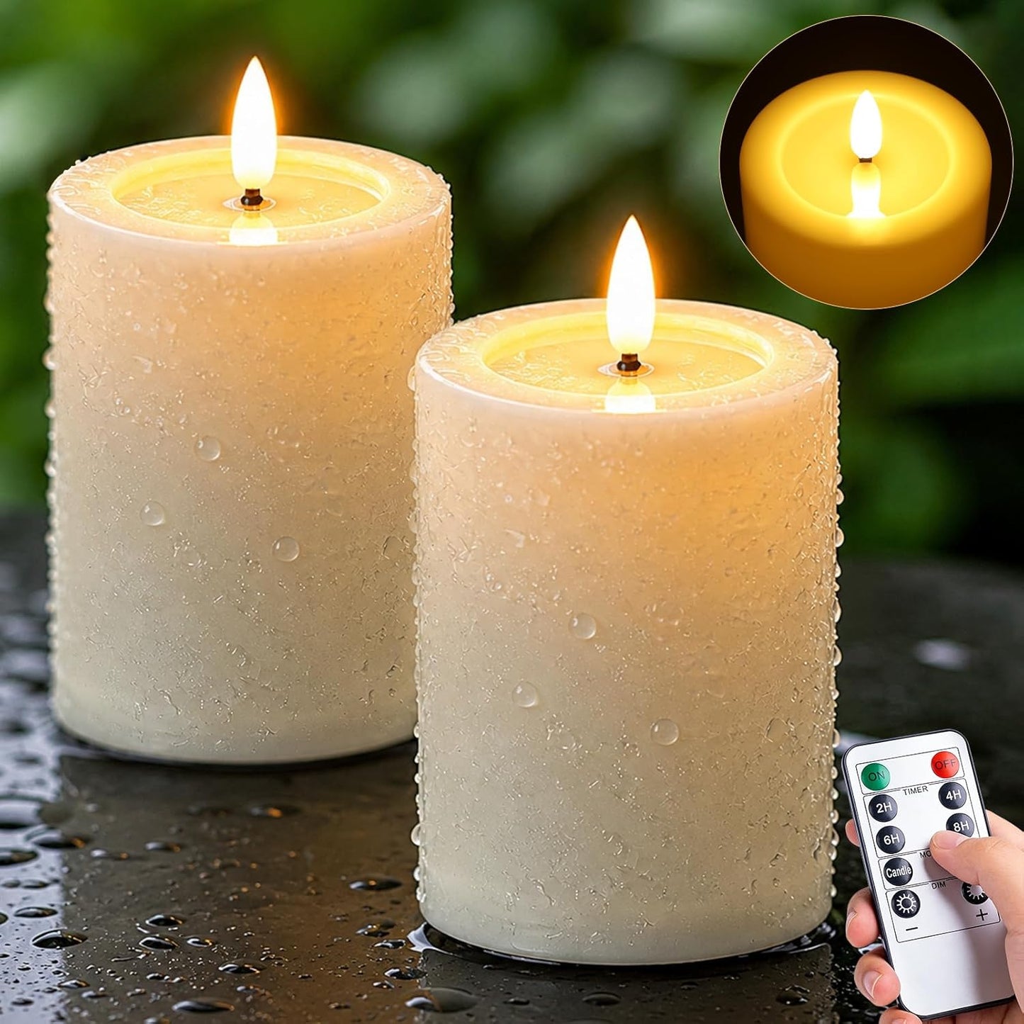Outdoor Waterproof Flameless Candles with Remote and Timer, 2 Pack Battery Operated LED Flickering Pillar Candles, Fake Plastic Candles with Wax Effect for Lanterns, Indoor(Ivory, 3" x5" 5")