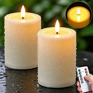 Outdoor Waterproof Flameless Candles with Remote and Timer, 2 Pack Battery Operated LED Flickering Pillar Candles, Fake Plastic Candles with Wax Effect for Lanterns, Indoor(Ivory, 3" x5" 5")