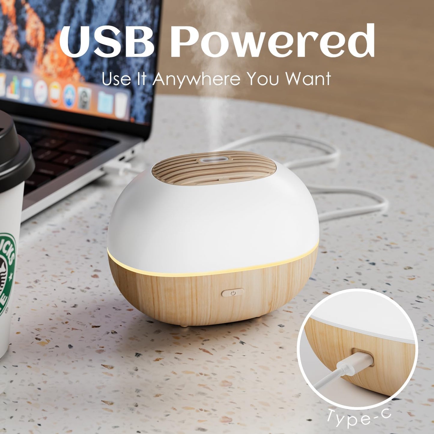Soulorigin 100ml Mini Essential Oil Diffuser, Portable Aromatherapy Diffuser with Warm Light, One-Button Control, Auto Shut-Off, Quiet Ultrasonic Mist for Home, Travel, Yoga, Meditation (Wood Paint)