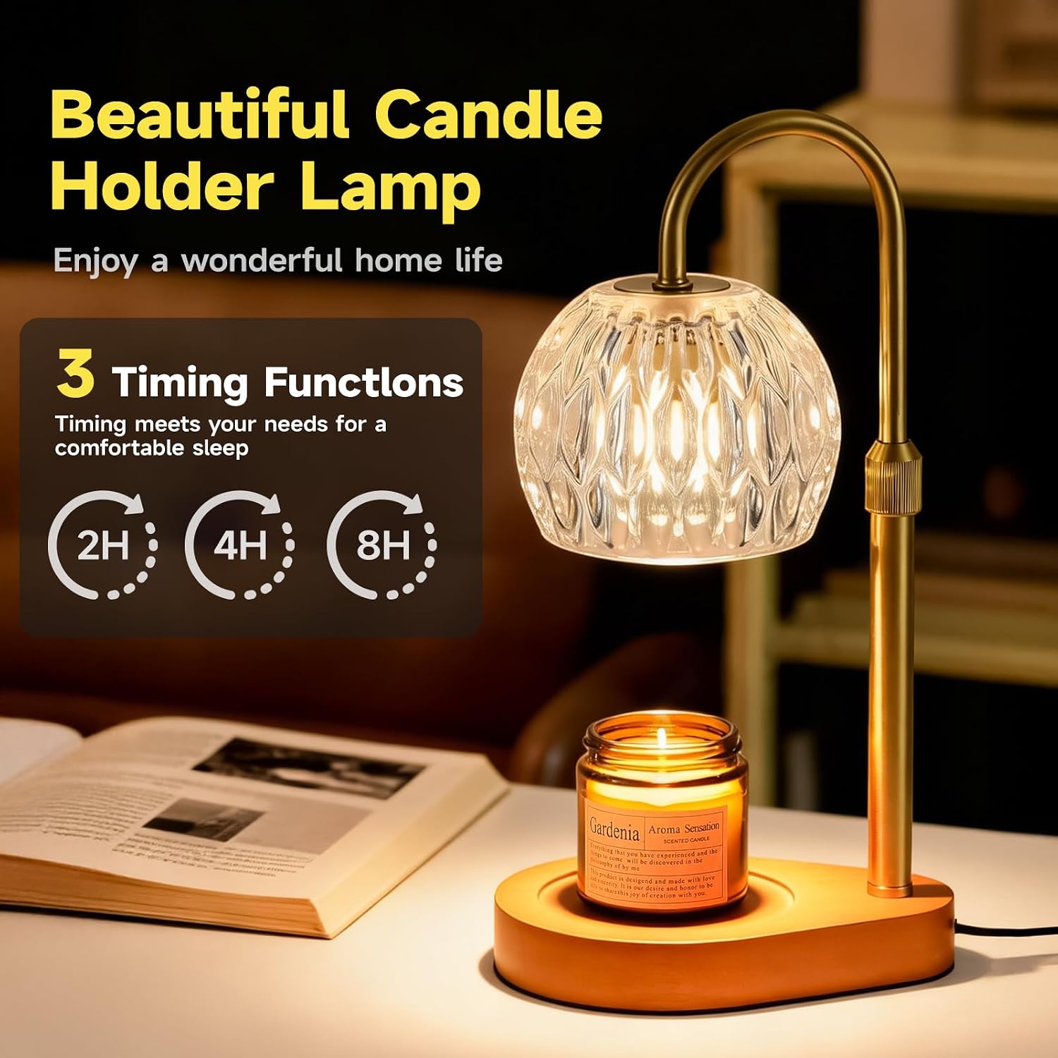 WEILASA Candle Warmer Lamp Crystal Glass Shade, Electric Candle Melter with Adjustable Wooden Bottom seat for Home Warm Home Decoration Gifts-Gold