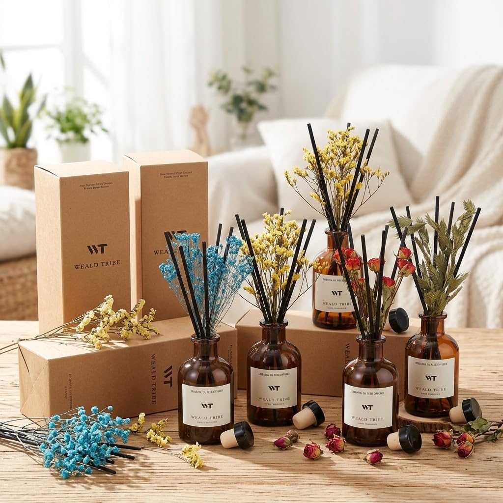 WEALD TRIBE Reed Diffuser Set for Bathroom Air Fresheners, Oil Diffuser Sticks with Flower | Lemongrass Scent 4.0 fl oz Home Fragrance with Sticks Defusers | House Bedroom Office Shelf Decor