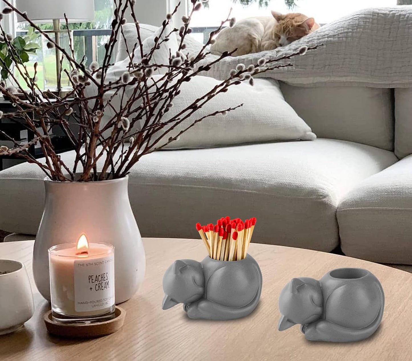 Dgudgu Cat Match Holder With Striker - Gifts for Cat Lovers, Candle Jar, Cute Bathroom Matches Holder Decorative (Not Matches)