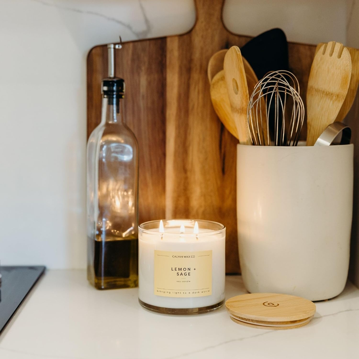 Calyan Wax Co. Lemon & Sage 3 Wick Scented Candle - 43 Hour Burn - Luxury 3 Wick Soy Candles - Soy Wax Candles - Long Lasting Large Glass Jar Candle for Home - 14.9oz