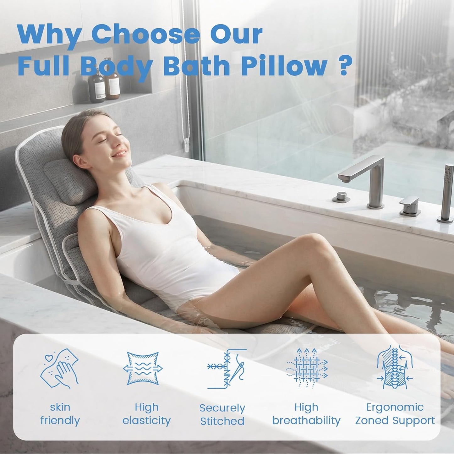 Upgraded Full Body Bathtub Pillow – 6D Air Mesh Bathtub Cushion with 168 Suction Cups for Neck, Back & Shoulder Support – Thick Quick-Dry Mesh Foam for Home Bathtub