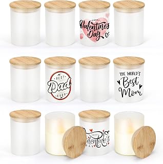 sweet grain 10oz Sublimation Glass Tealight Candle Holder with Bamboo Lids 12 Pcs Sublimation Frosted Glass Jar for Party Decorations, Birthday, Wedding and Dinner Table Decor