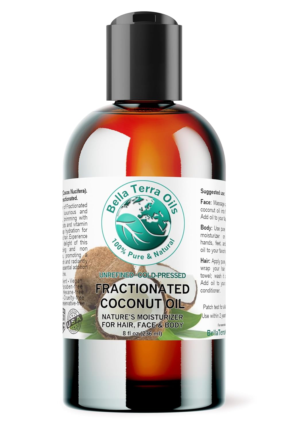 Bella Terra Oils - Organic Fractionated Coconut Oil 8 oz - Experience the Purity of Liquid Coconut, Bursting with Essential Fatty Acids, Elevate Your Skin Rituals