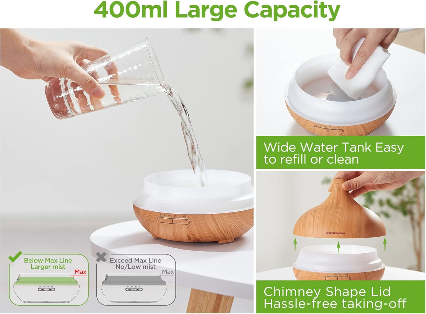 InnoGear Aromatherapy Diffuser & 10 Essential Oils Set, 400ml Diffuser Ultrasonic Diffusers for Home Cool Mist Humidifier with 4 Timers 7 Colors Light Waterless Auto Off, Yellow Wood Grain