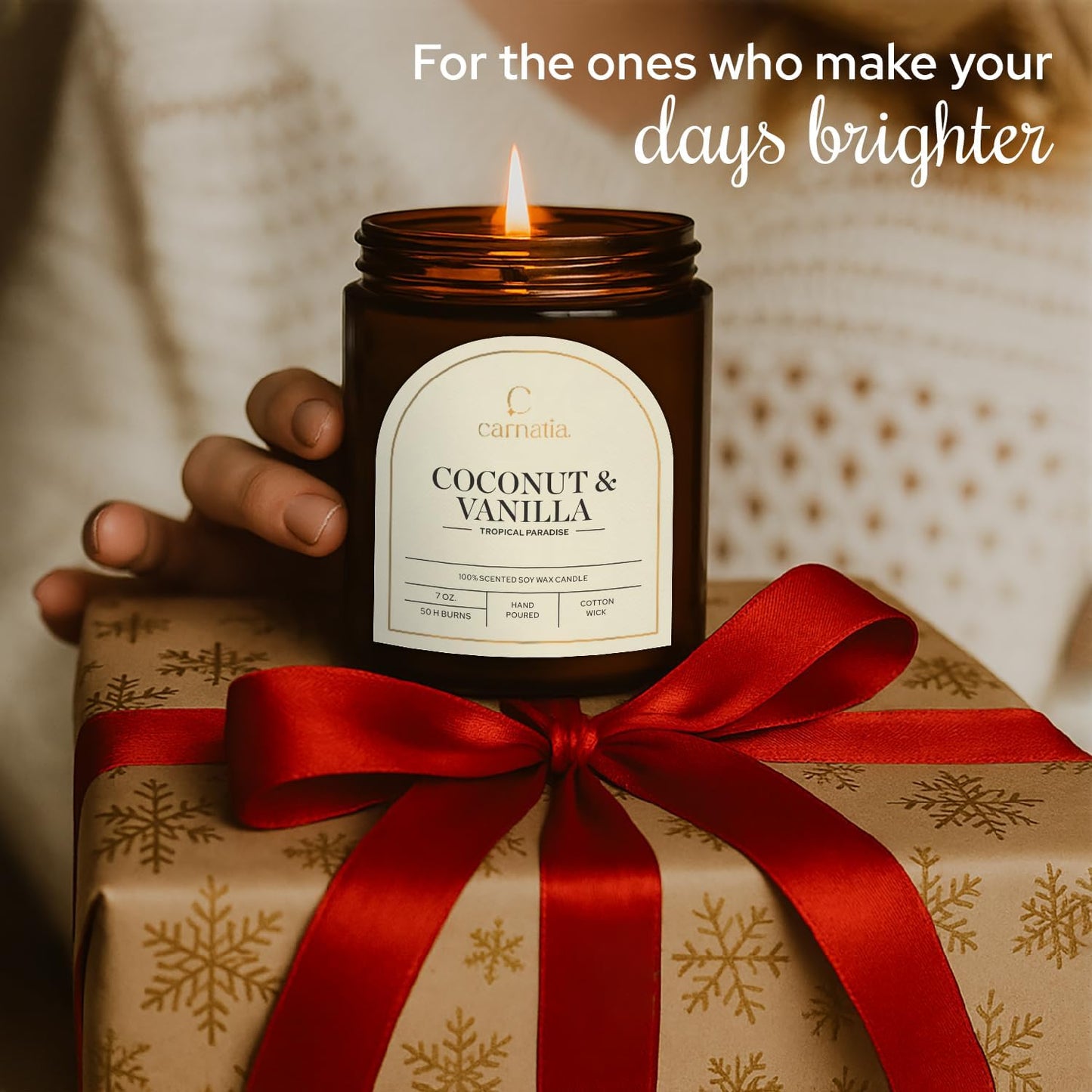 Carnatia Coconut & Vanilla Scented Candle – 7 oz | 100% Soy Wax with Cotton Wick | 50 Hour Burn | Aromatherapy Candle for Home, Stress Relief & Relaxation | Gift for Women & Men