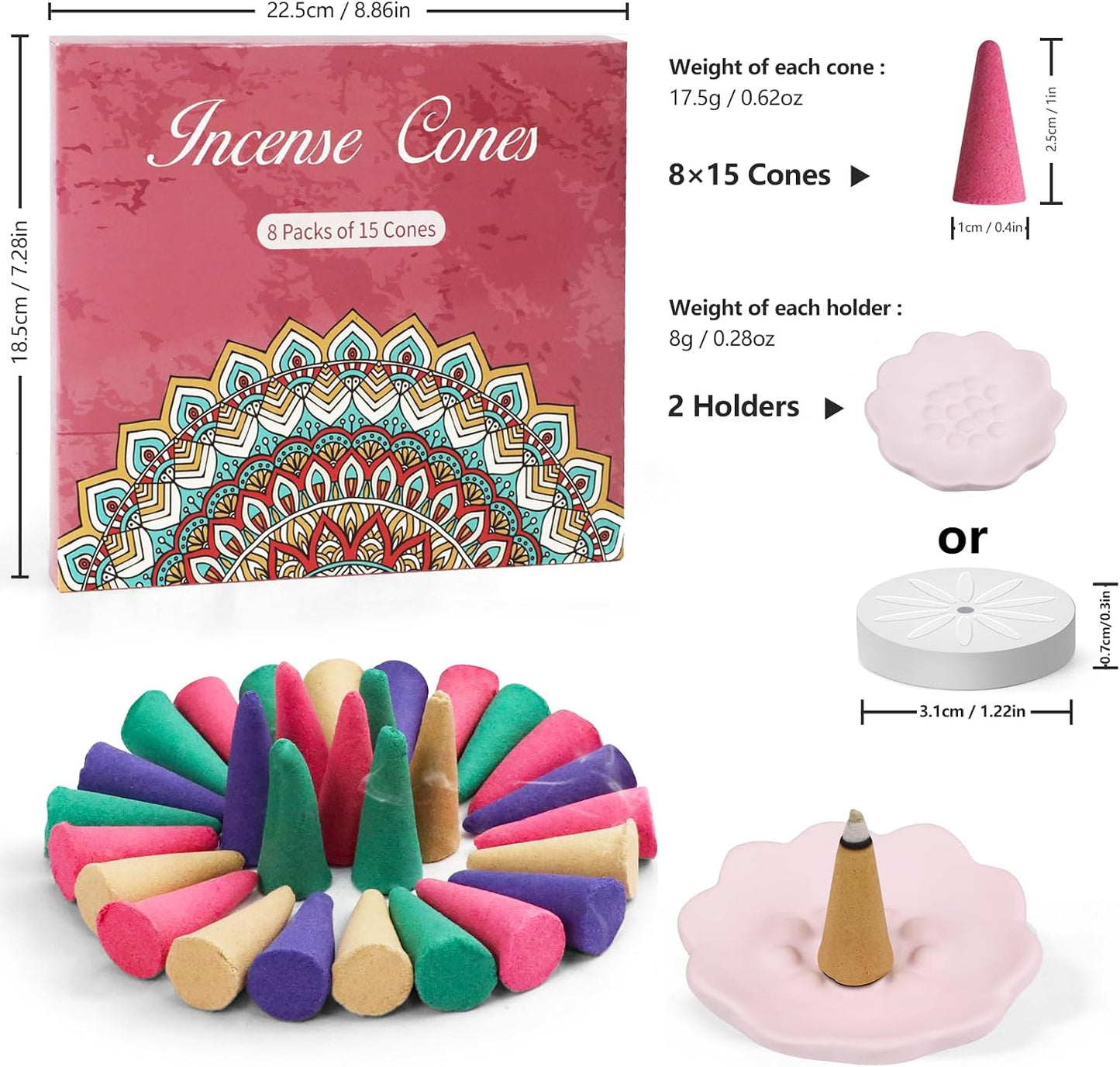 SCENTORINI Assorted Incense Variety Pack Gift Set with Holder - Scented Cones in Rose, Sage, Lavender, Violet, Cinnamon, Eucalyptus, Sandalwood, Rain Forest - 120 Cones Total