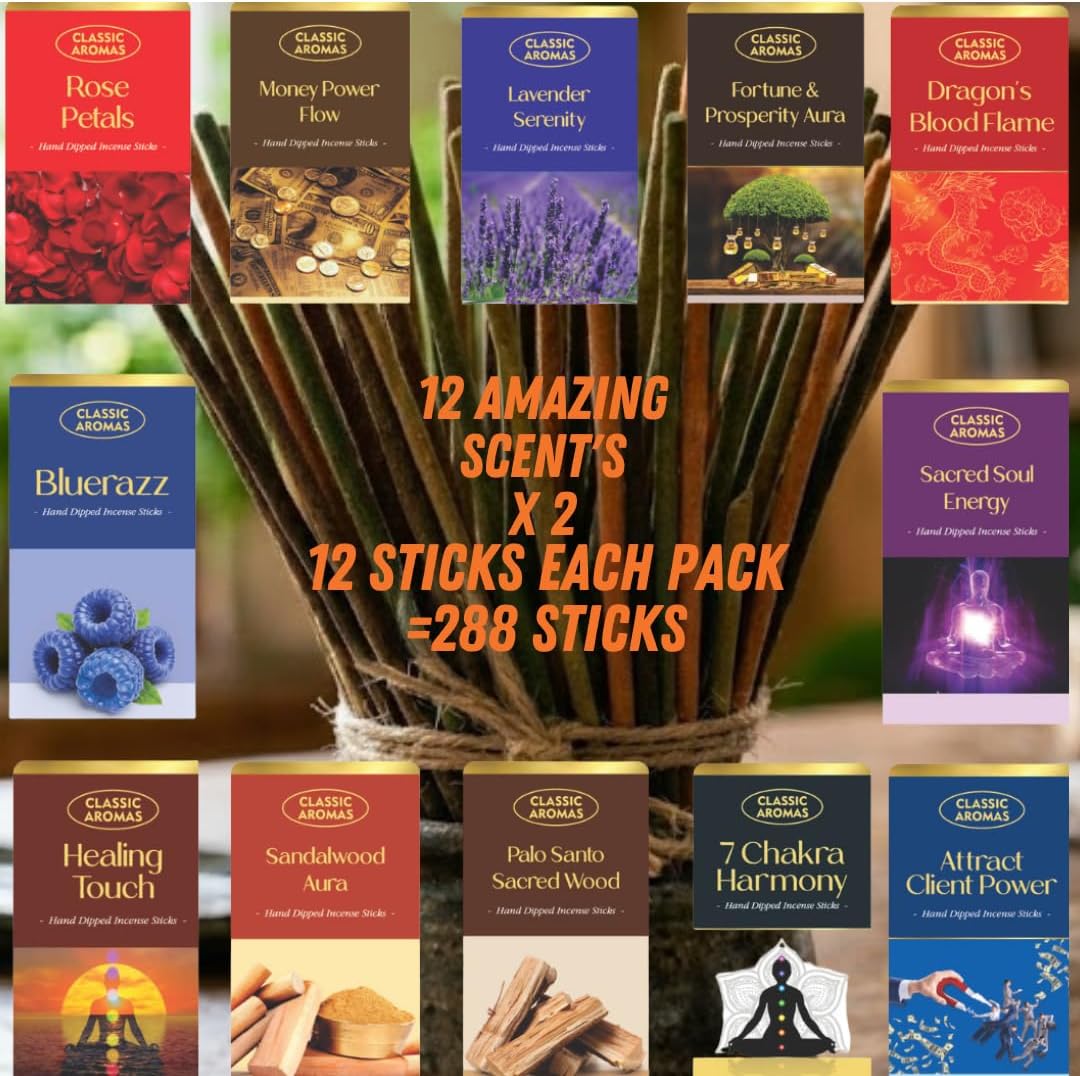 The Strongest Hand Dipped Incense Sticks | 288 Count,12 Scents Variety Pack | 11" Long | Home Fragrance | Long Lasting Aromatherapy Sticks | Lavender | Dragon's Blood | Sandalwood (24 Pack-288 Count)