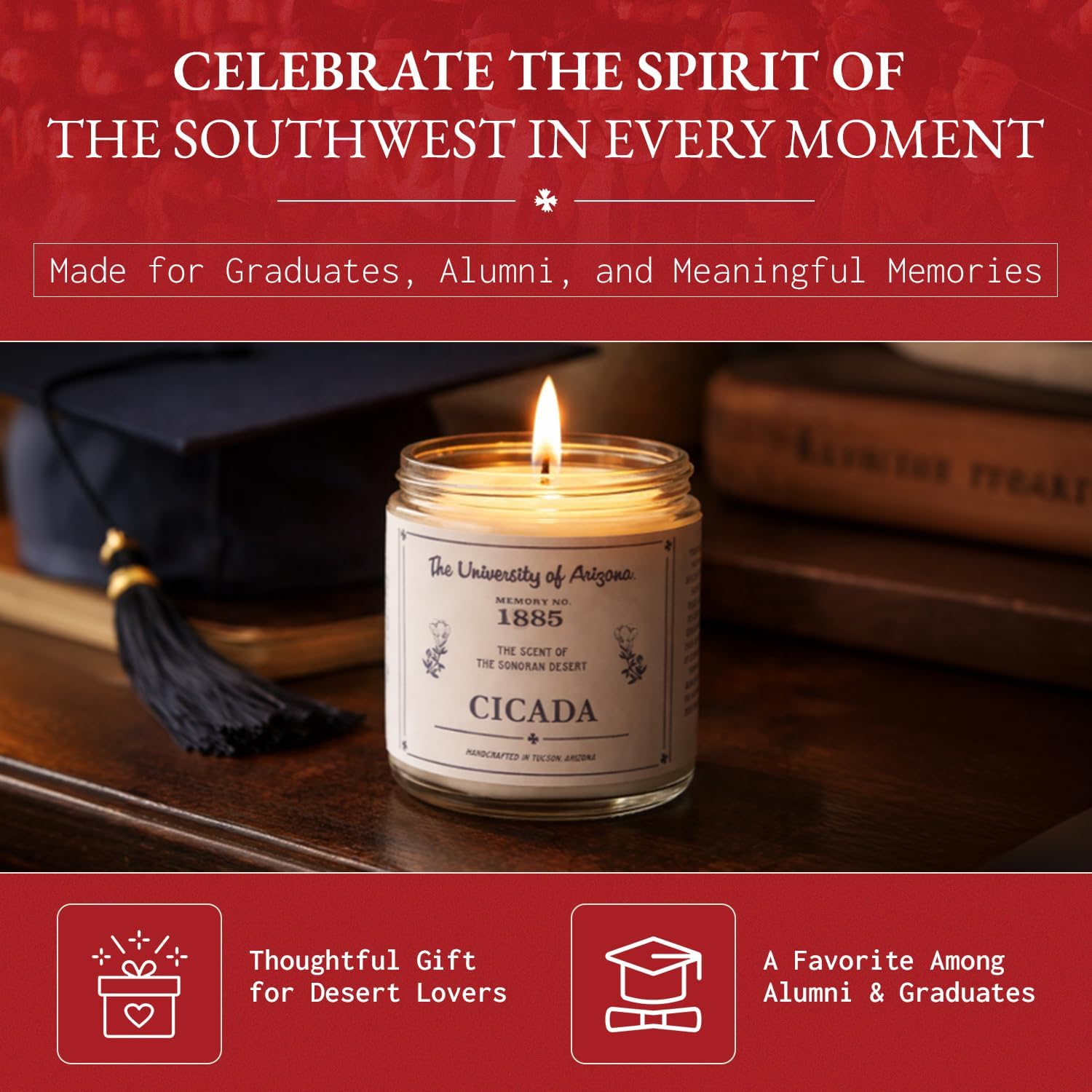 CICADA Desert Rain Scented Candle, Memory No. 1885, University of Arizona Inspired Coconut Soy Blend Wax, Cotton Wick, Earth Honey Citrus Creosote Aroma, Hand Poured Arizona Reveries Home Fragrance