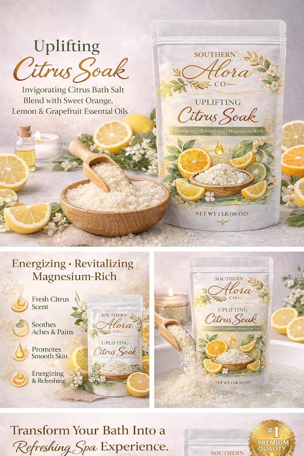 Bath Salts for Women Relaxing – Magnesium Bath Soak with Epsom Salts for Bath & Dead Sea Salt – Aromatherapy Citrus Bath Salts with Orange Lemon Grapefruit – Relaxing Spa Bath Soak – 1 lb