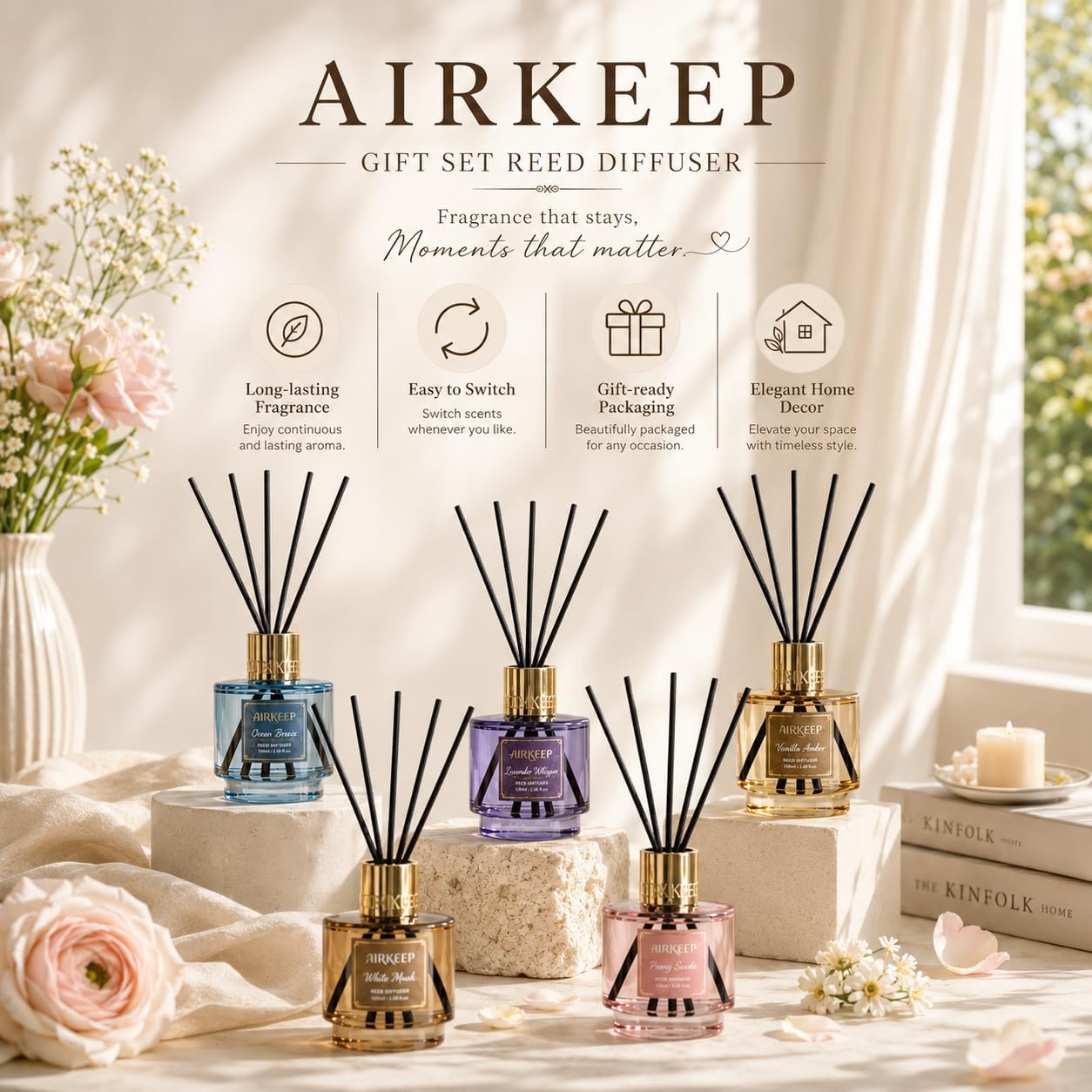 Airkeep Reed Diffuser Set with Refill & 8 Reed Sticks, 6.96 fl oz Clean Linen Home Fragrance, Long Lasting Aromatherapy Diffuser for Bedroom, Bathroom & Living Room