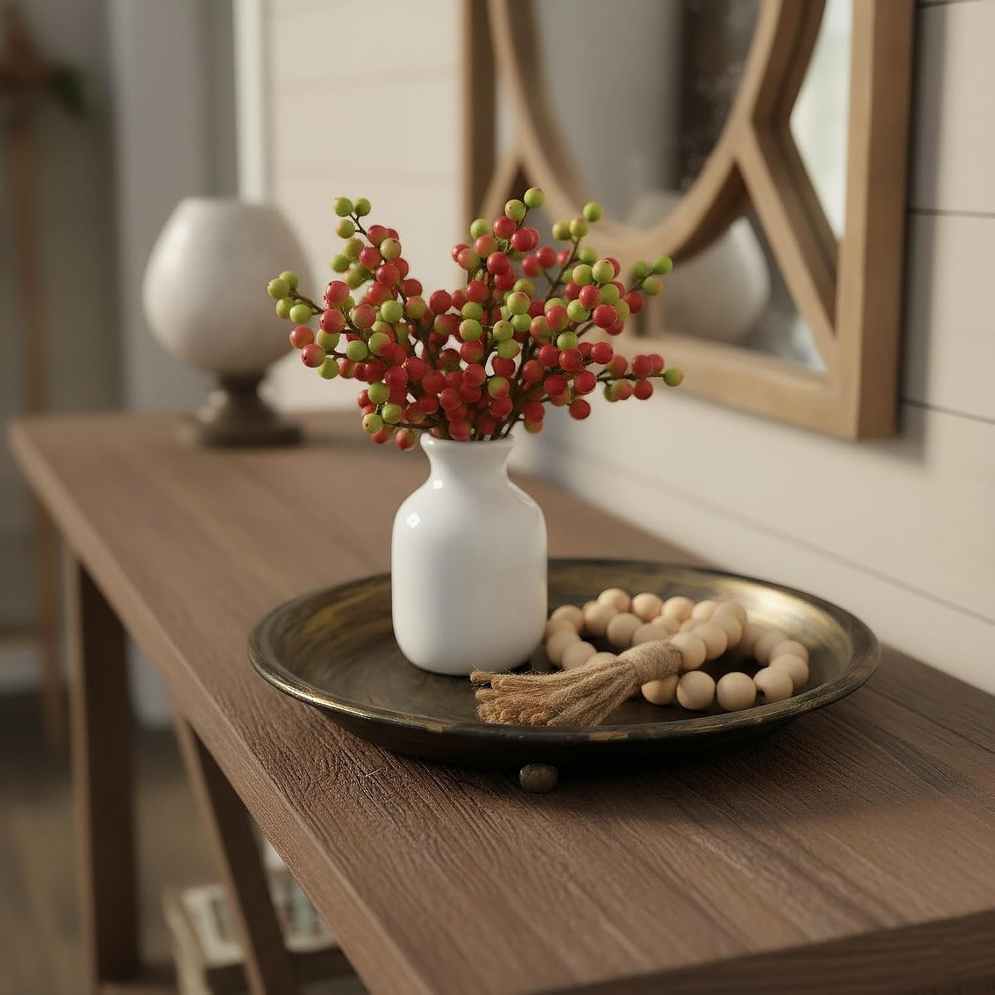 10” Candle Holder Plate Table Décor, Farmhouse Home Decorative Tray for Coffee Table or Dinning Table Centerpieces with 30” Wooden Bead Garland - Black