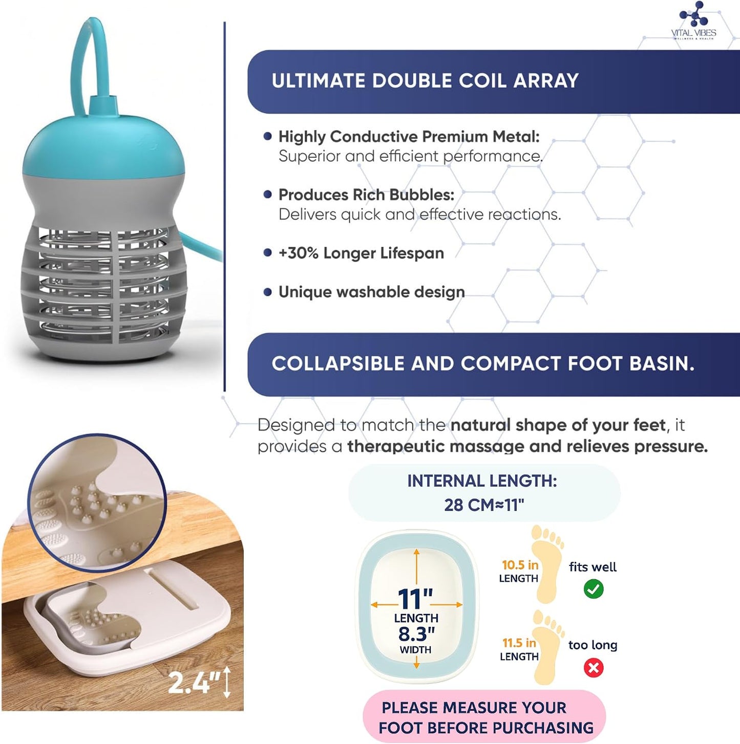 Vital Vibes Ultimate Ionic Foot Bath Detox Machine - Foot Detox Machine for Spa Bath with Touch Display - Epsom Salt & Towel - Collapsible Soaking tub -2 Powerful Array- Ion Wristband-Tub Liners