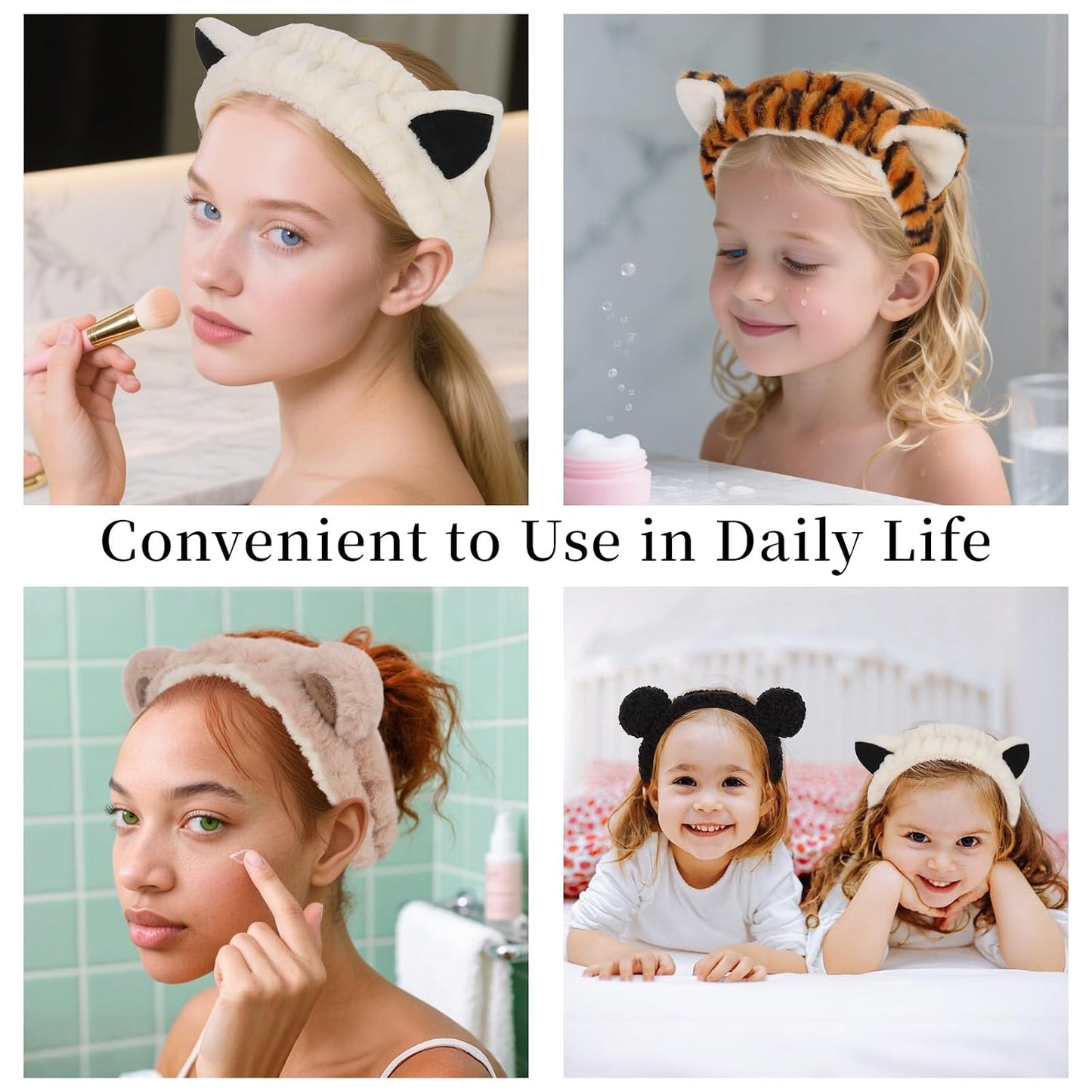 YISSION 4 PCS Plush Animal Headbands for Women & Girls, Cute Fuzzy Spa Headbands with Ears (Bear, Tiger, Cat Styles), Soft Elastic Hair Bands for Washing Face, Makeup, Skincare, Daily Wear
