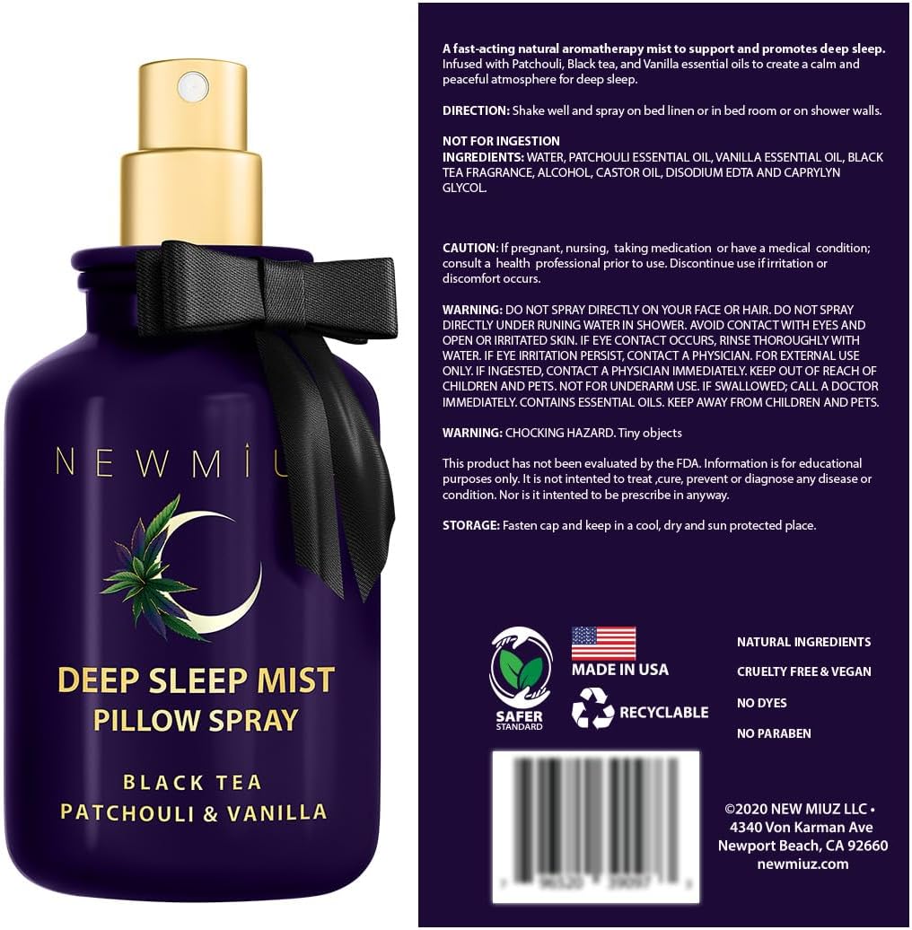 Deep Sleep Pillow Spray Natural Aromatherapy Mist for Sleep Relaxation Calming Stress Relief Patchouli Black Tea Vanilla Essential Oils Self Care Gift