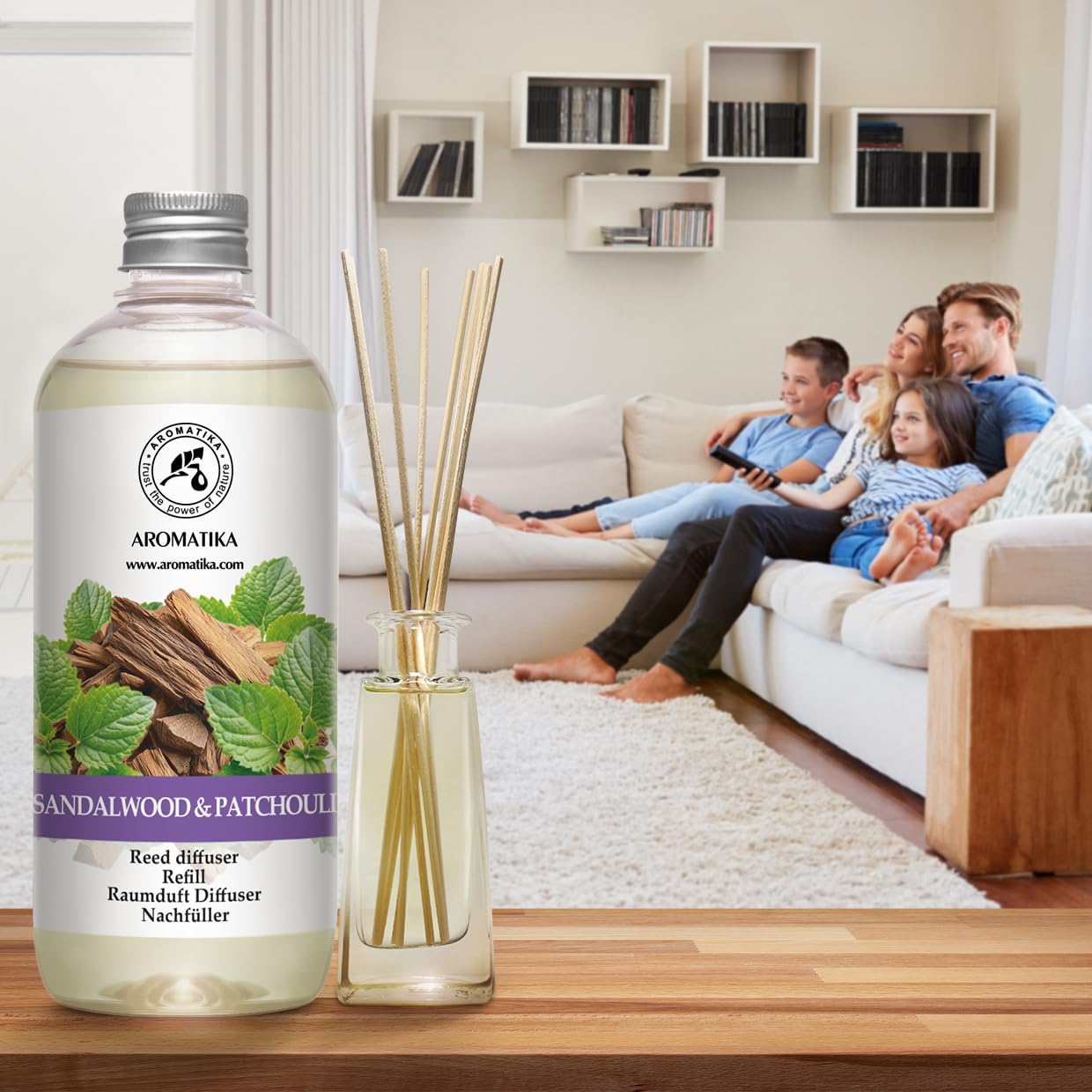 Reed Diffuser Refill Sandalwood - Patchouli 17 Fl Oz - Scented Diffuser Refill with Patchouli Essential Oil - Home Fragrance - Sandal Aroma - Air Freshener - Aromatherapy - Spa - Home - Office