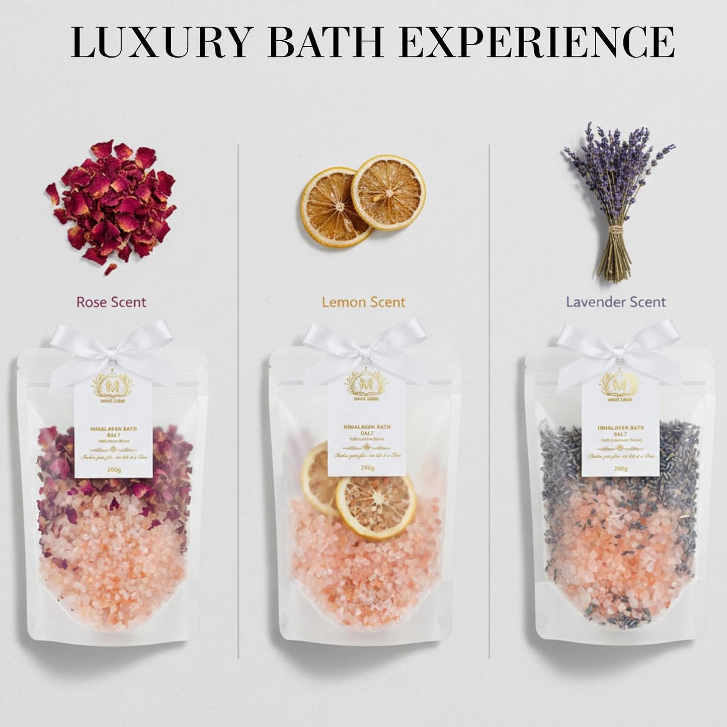 MIMI MIMI Pink Himalayan Bath Salt Gift Set with Rose, Lemon and Lavender - 3 x 200g Bath Salts for Women Relaxing, Natural Aromatherapy Gifts for her, Mineral Bath Soaks, Spa Body Care, Foot Soak.