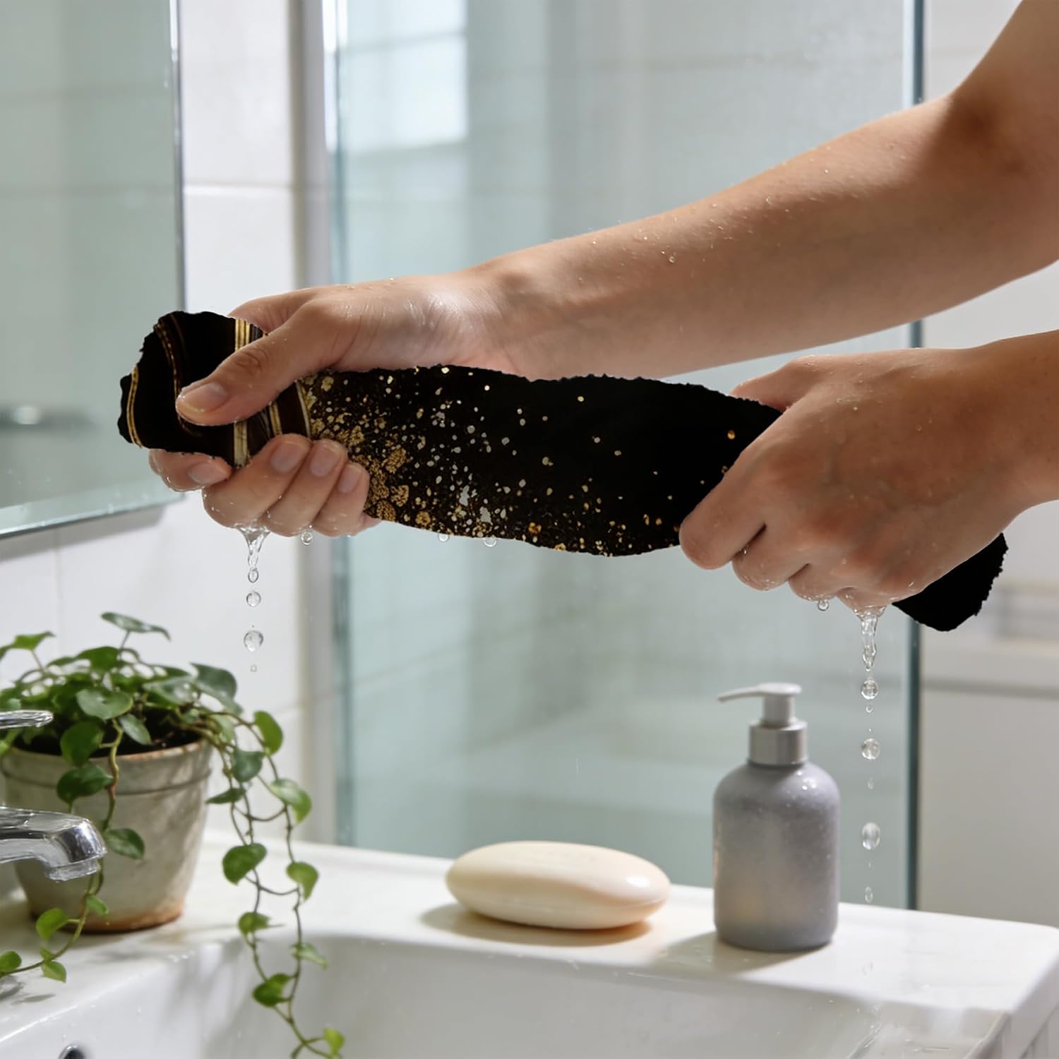 Hand Towels for Bathroom Black Gold Marble Kitchen Towels Set of 2 Soft Breathable Highly Absorbent Bath Towels for Bath Guest Gym Spa, 14.4x28.3 Inch