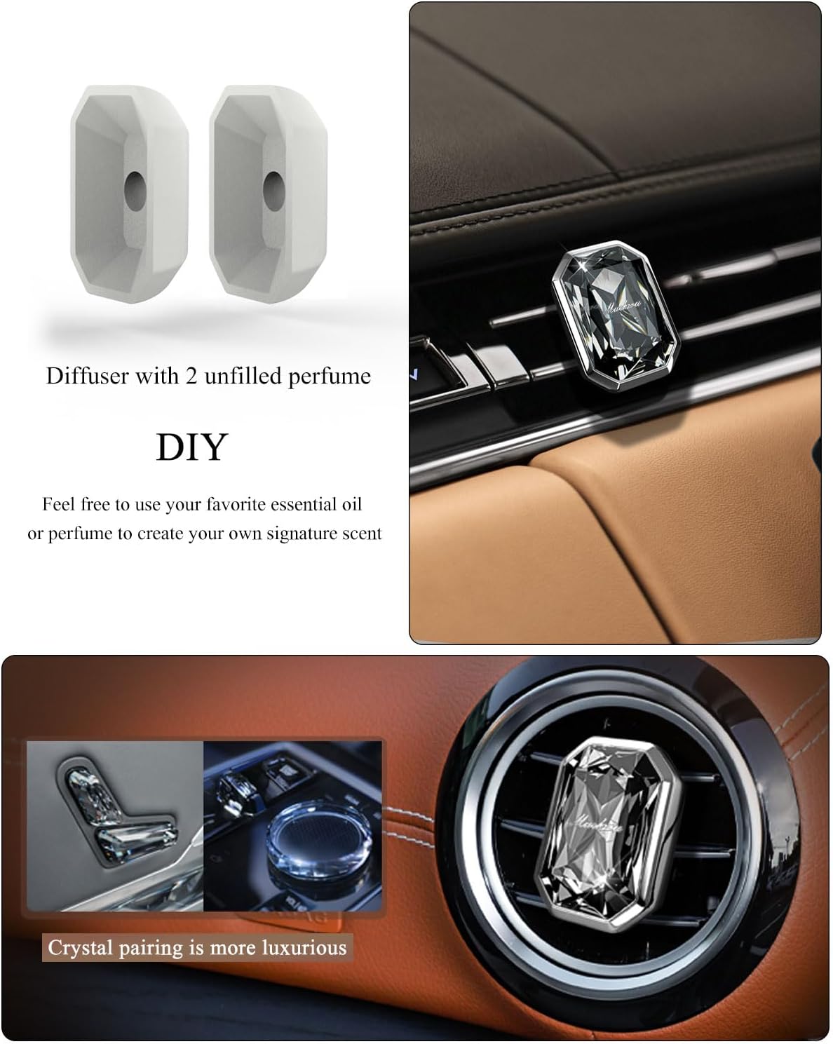 muekzru Car Air Freshener Diffuser,Essential Oil Diffusers Vent Clip,Advanced Crystal Automotive Parts，Contains 2 odorless container pieces,Metal and Crystal Design，First choice for gifts