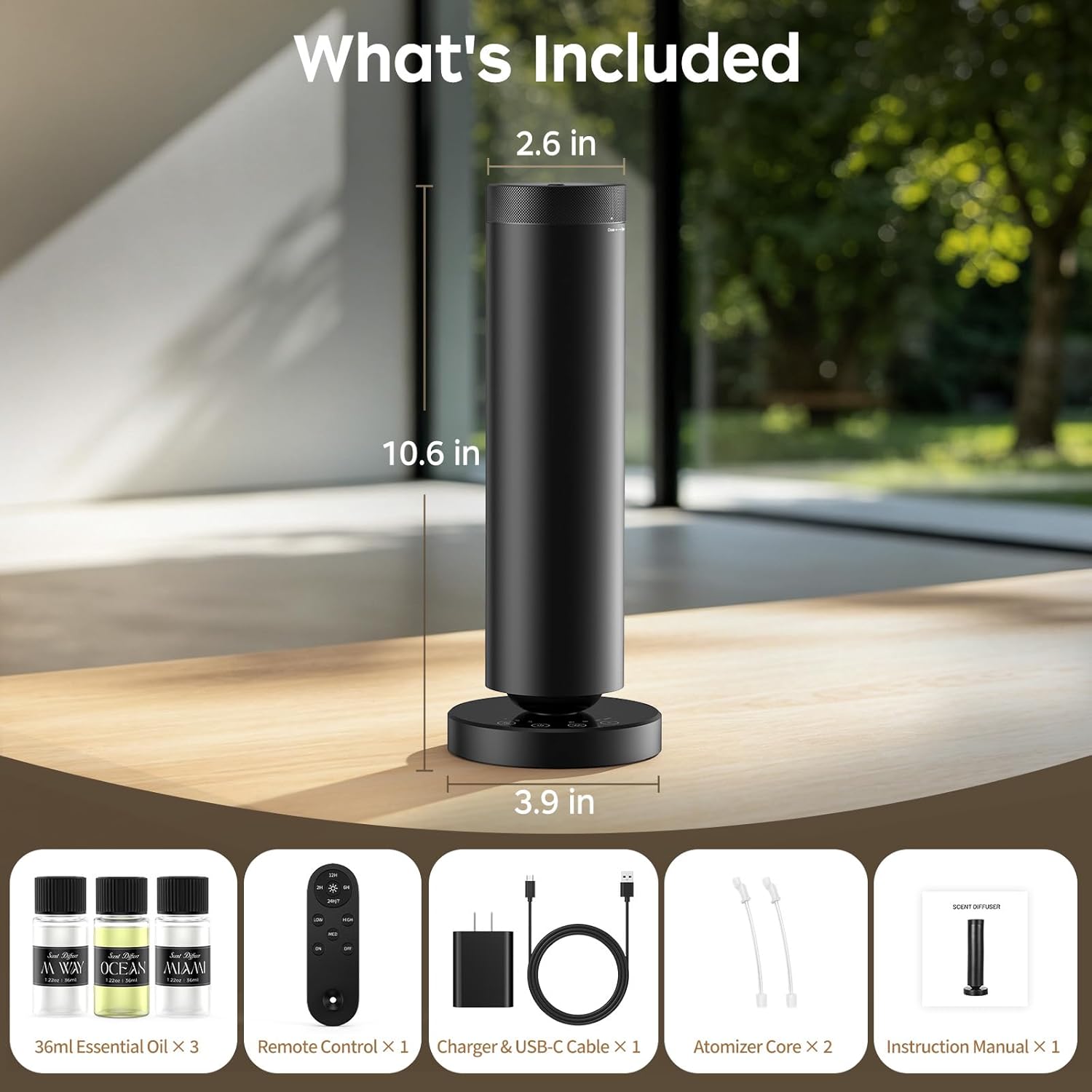 Waterless Scent Diffuser Kit with Lights -Max 2000 Sq Ft Coverage, Essential Oil Diffuser for Home,Hotels,Offices,Spas,Aromatherapy Diffuser Large Room, Included 108ml Scent Oils, Black, 10.6In