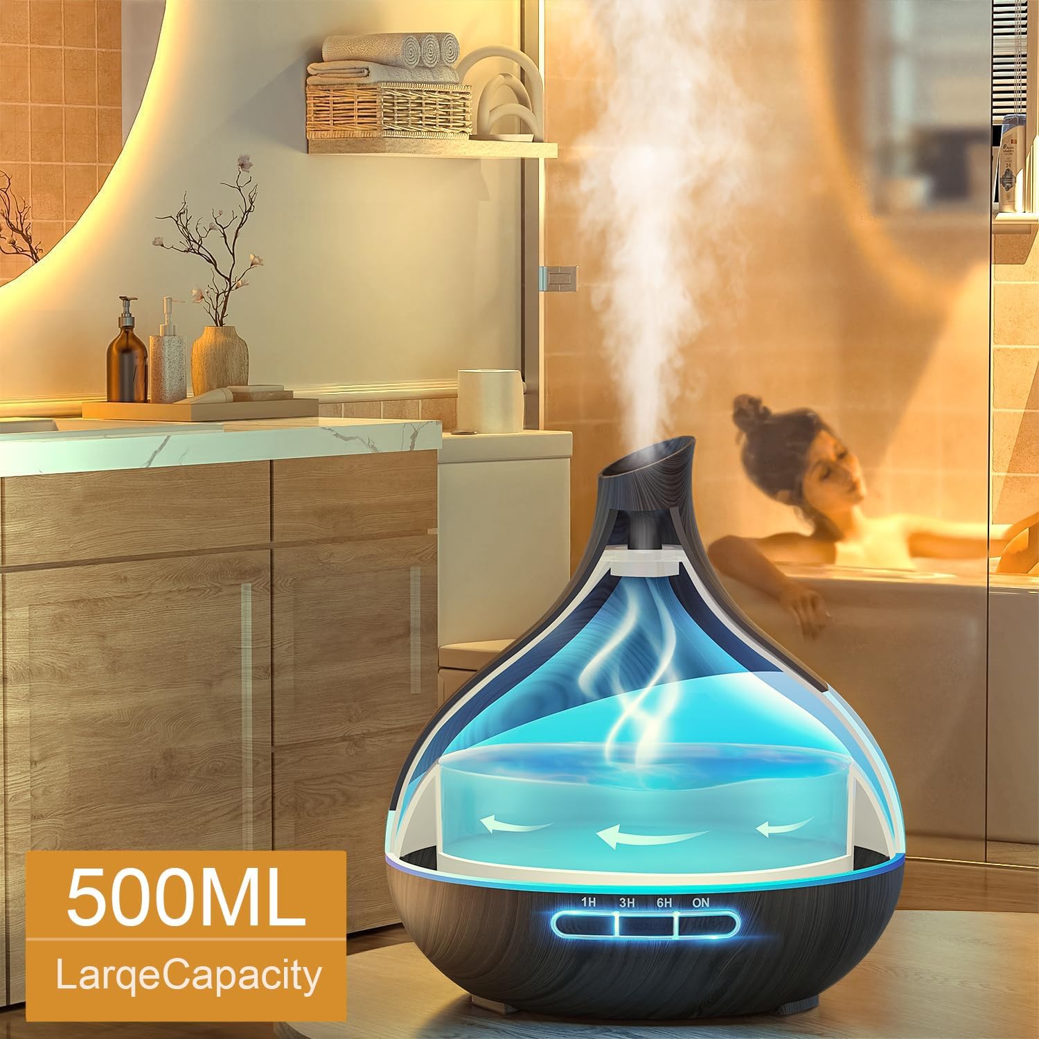 Essential Oil Diffuser for Women, 𝟓𝟎𝟎𝐦𝐥 Aromatherapy Diffuser:𝟏𝟒-𝐂𝐨𝐥𝐨𝐫 LED, Dual Mist 30/60ml/h, Remote Control, Auto Shut-Off, Hotel Spa Bedroom
