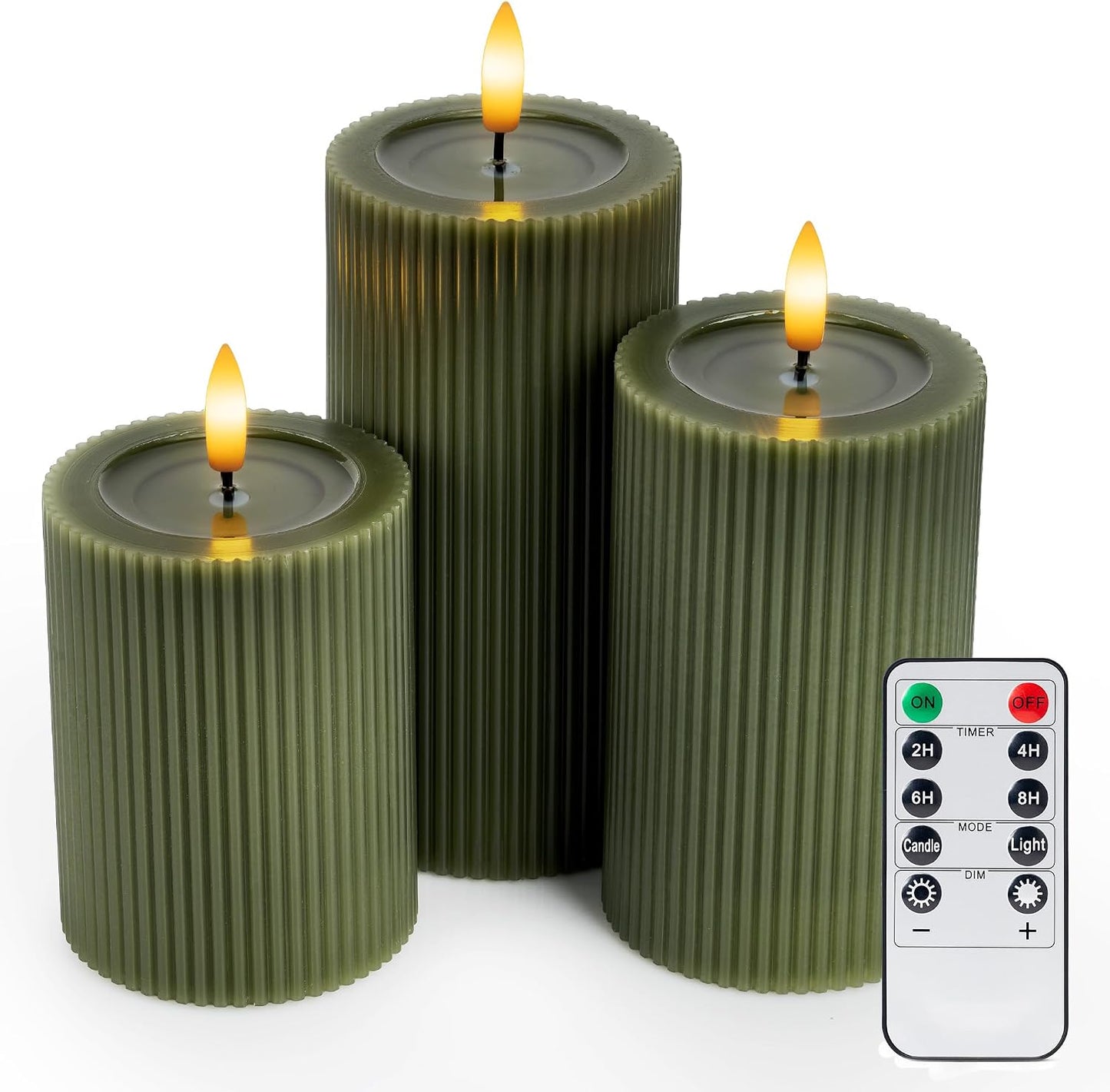 Fluted Ribbed LED Pillar Candles, Loden Green, with Reflective Melted-Wax Effect – Flickering Flame, Remote, Dimmable, Flameless, Battery Operated, Home & Wedding Decor (Set of 3)