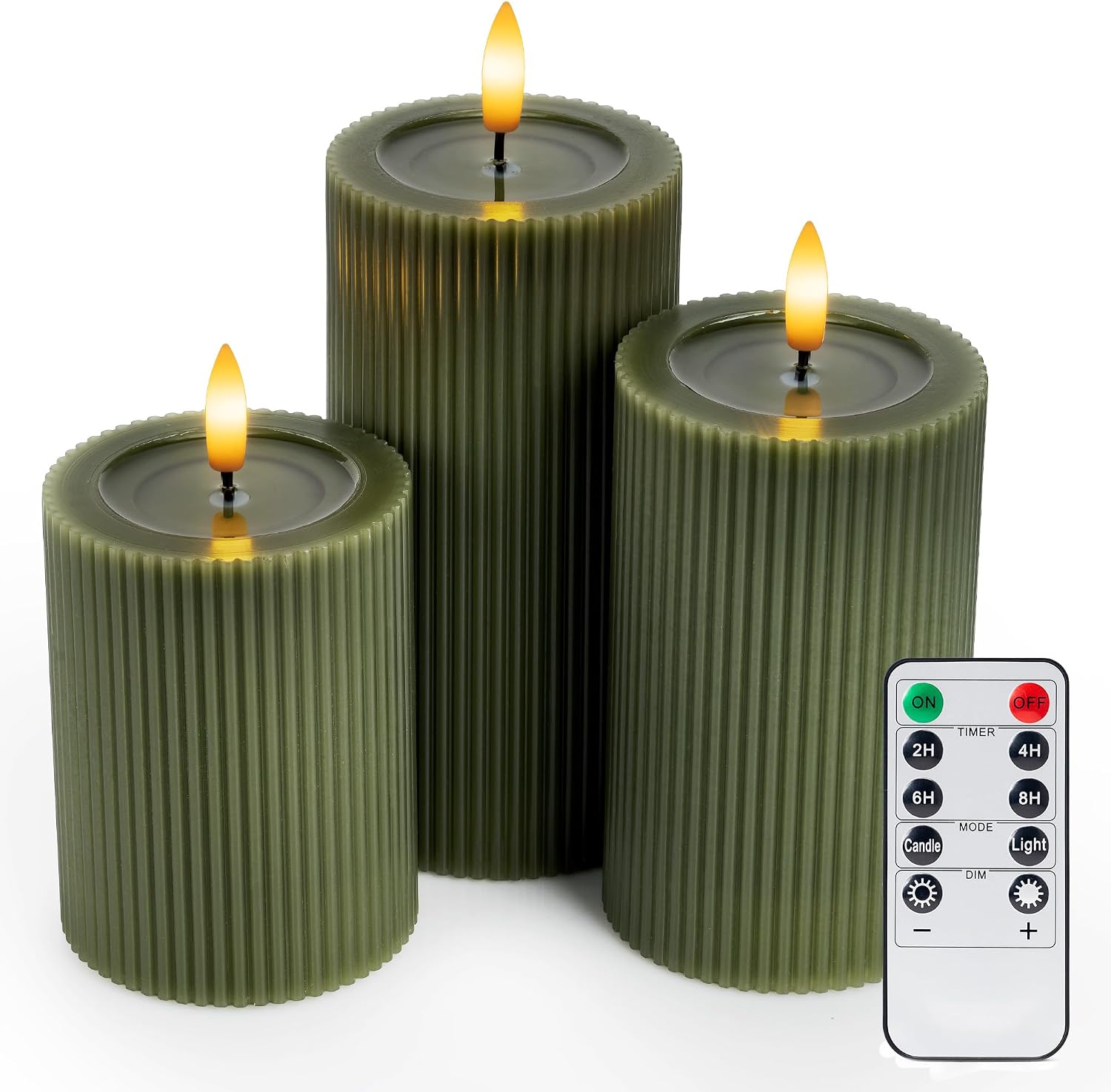 Fluted Ribbed LED Pillar Candles, Loden Green, with Reflective Melted-Wax Effect – Flickering Flame, Remote, Dimmable, Flameless, Battery Operated, Home & Wedding Decor (Set of 3)