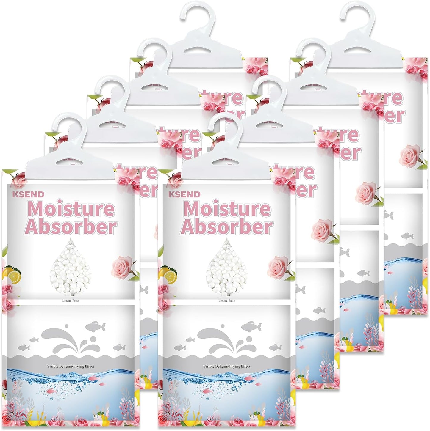 Ksend Moisture Absorbers 8 Packs - 9.8 oz Dehumidifier Bags, Portable Moisture Hanging Bags for Closet, Bathroom and Kitchen, Lemon Rose Scent, 11.8" x 6.3"