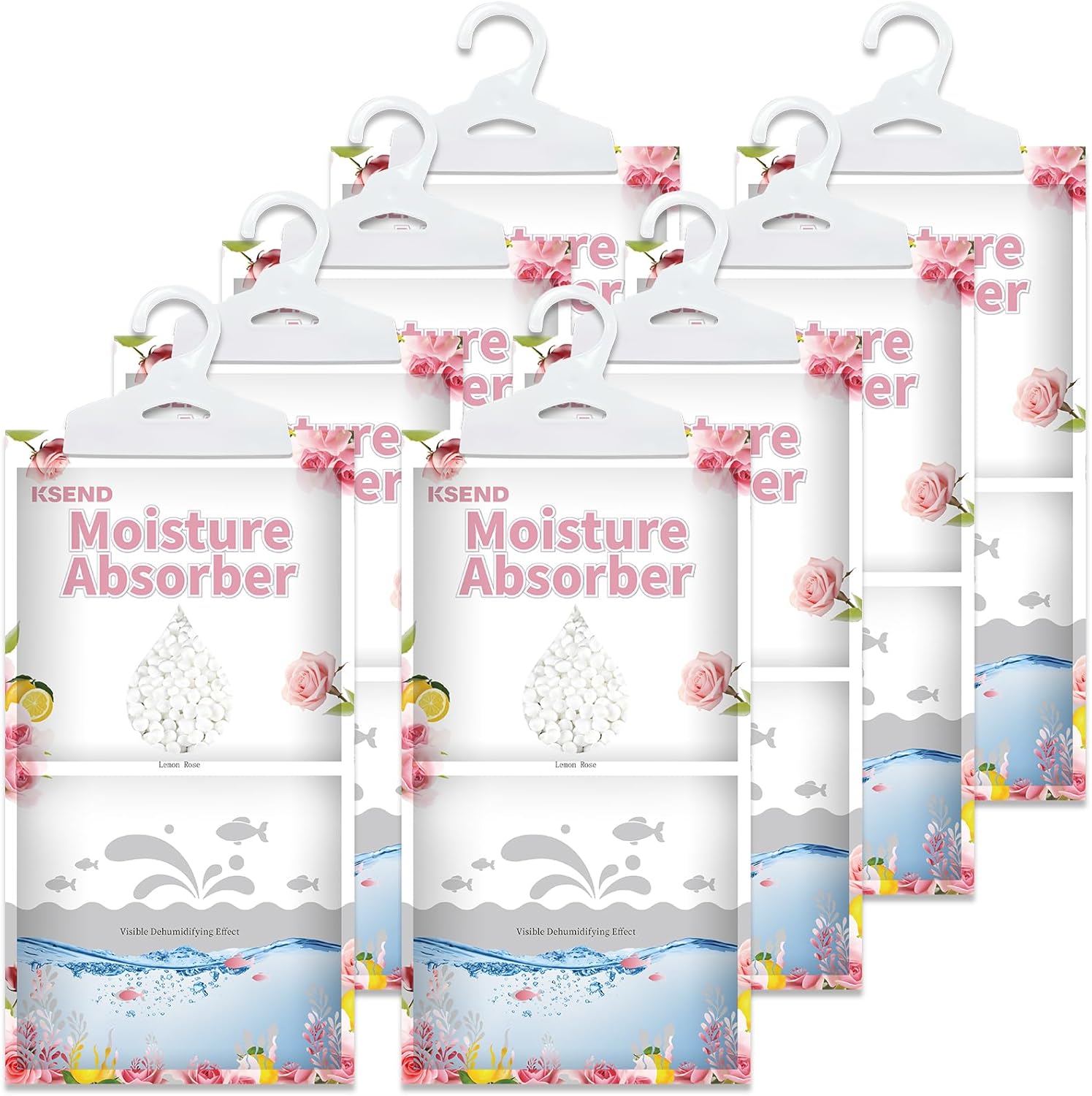 Ksend Moisture Absorbers 8 Packs - 9.8 oz Dehumidifier Bags, Portable Moisture Hanging Bags for Closet, Bathroom and Kitchen, Lemon Rose Scent, 11.8" x 6.3"