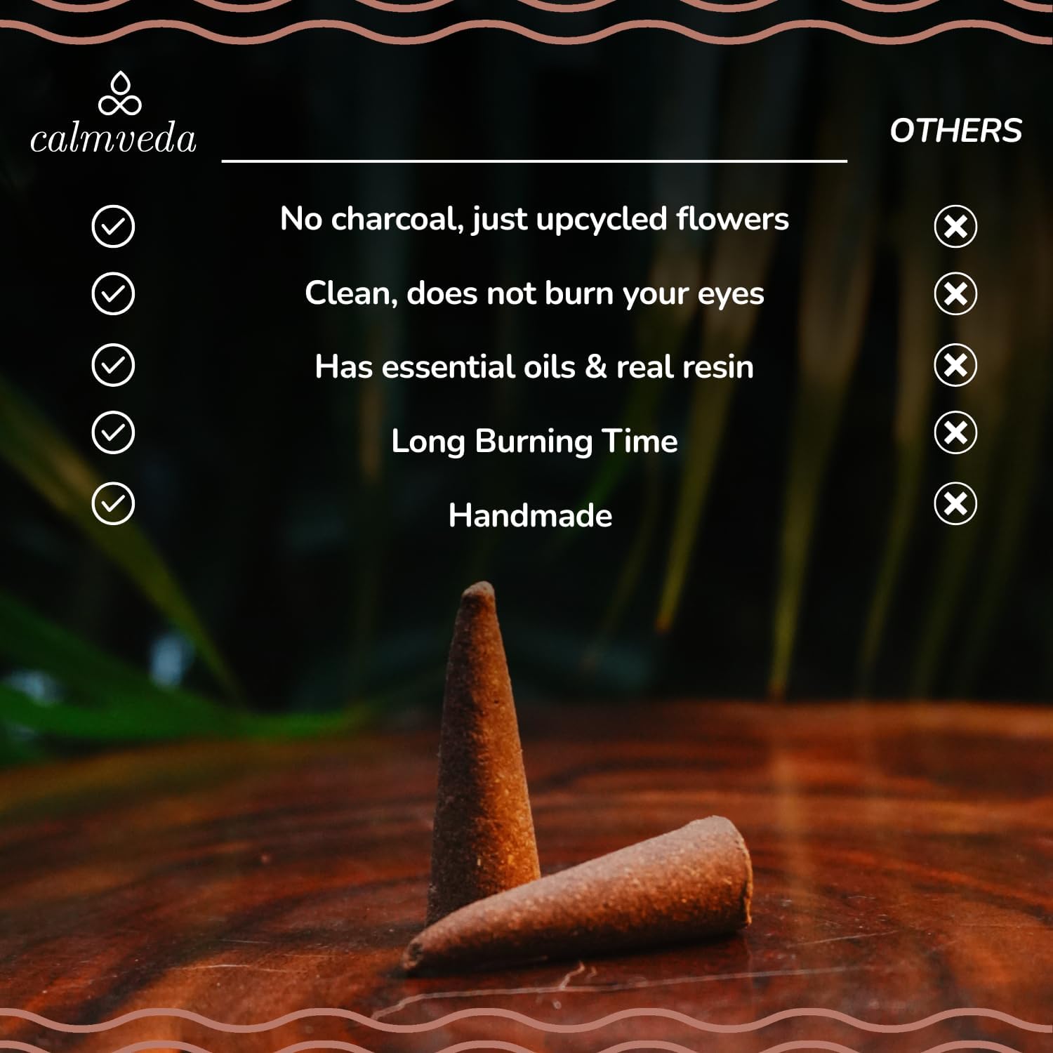 CALMVEDA Sacred Energy Incense Cones - Value Pack of 24 Fragrant Cone (Palo Santo Cones & Dragons Blood Incense Cones) Charcoal-Free & Handmade from Upcycled Sacred Flowers|for Energy Cleansing