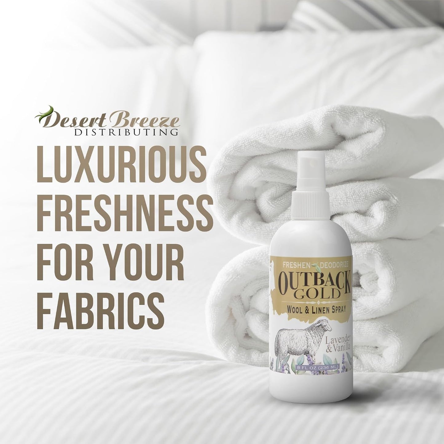 Outback Gold - Linen Spray & Fabric Freshener Spray, Natural Bed Spray for Wool & Linen, Lavender & Vanilla Scent, Essential Oils, Eco-Friendly Deodorizer for Home Fabrics, 8 Fl Oz