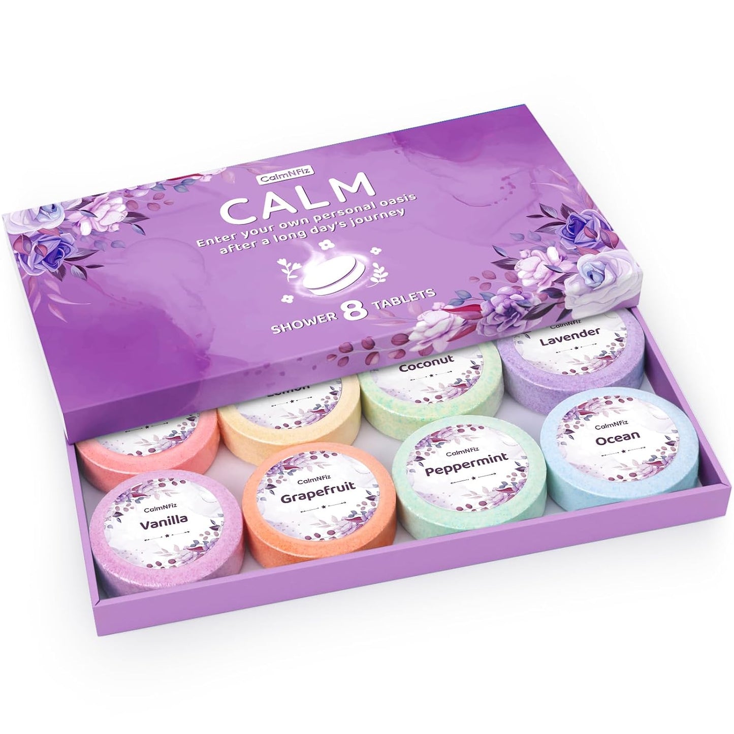 Shower Steamers 8 Pack Set Shower Bombs Tablets in Purple Box with 8 Fragrances with Shea Butter for Self-Care & Relaxation, Idea for Mothers Day Women and Men
