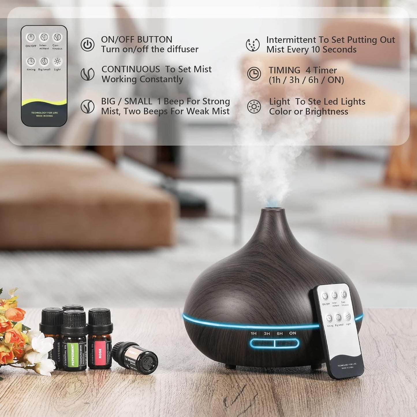 SACATR 550ml Oil Diffuser with 30x5 mL Essential Oils, Ultrasonic Technology, Remote Control for Home Office