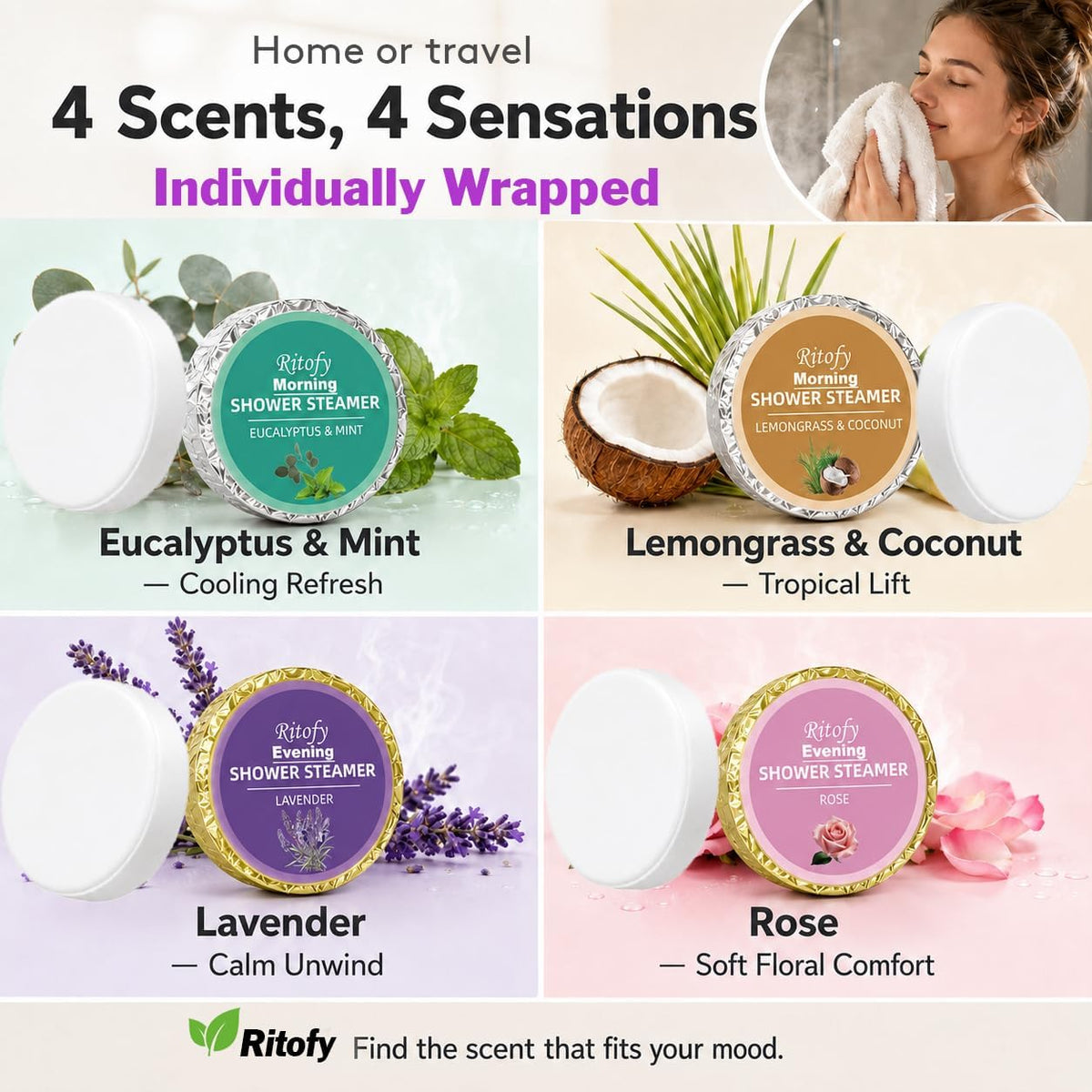 Shower Steamers Aromatherapy AM &amp; PM, 12 Pack Individually Wrapped Long-Lasting Aroma Shower Bombs Tablets Set, Gift for Women, Self Care Lavender, Rose, Lemongrass Coconut, Eucalyptus Mint