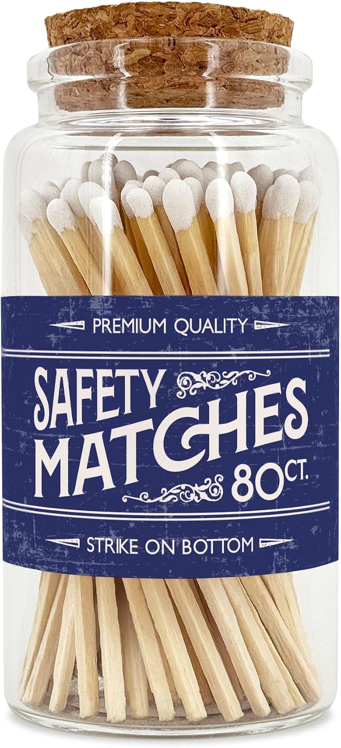 Old Fashion Wooden Matches in a Jar with Striker | Decorative Matches for Candles | Long Matches for Candles in Apothecary Glass Jar | Approx. 80 Safety Matches for Home Decor & Bathroom